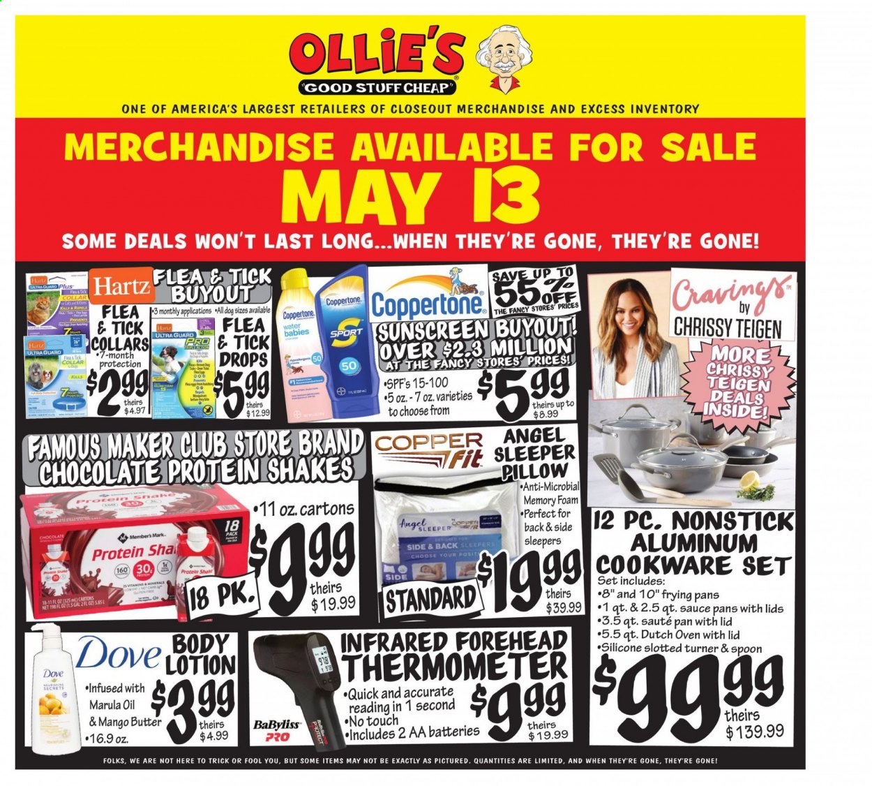 thumbnail - Ollie's Bargain Outlet Flyer - 05/13/2021 - 05/19/2021 - Sales products - chocolate, Dove, cookware set, spoon, thermometer, cast iron dutch oven, aa batteries. Page 1.