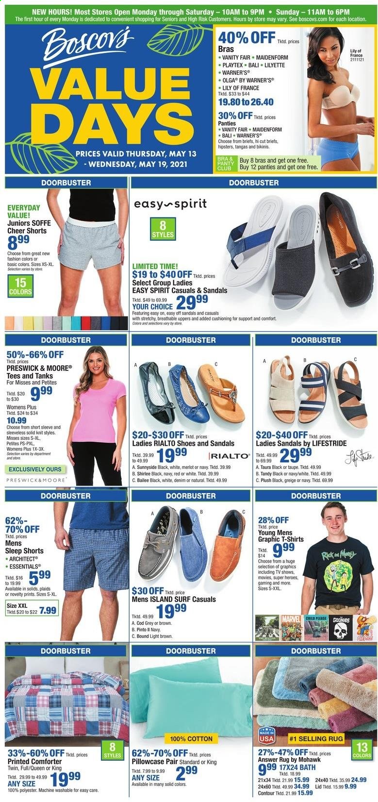 thumbnail - Boscov's Flyer - 05/13/2021 - 05/19/2021 - Sales products - sandals, shoes, Playtex, lid, comforter, pillowcase, vanity, shorts, t-shirt, briefs, bra, panties. Page 1.