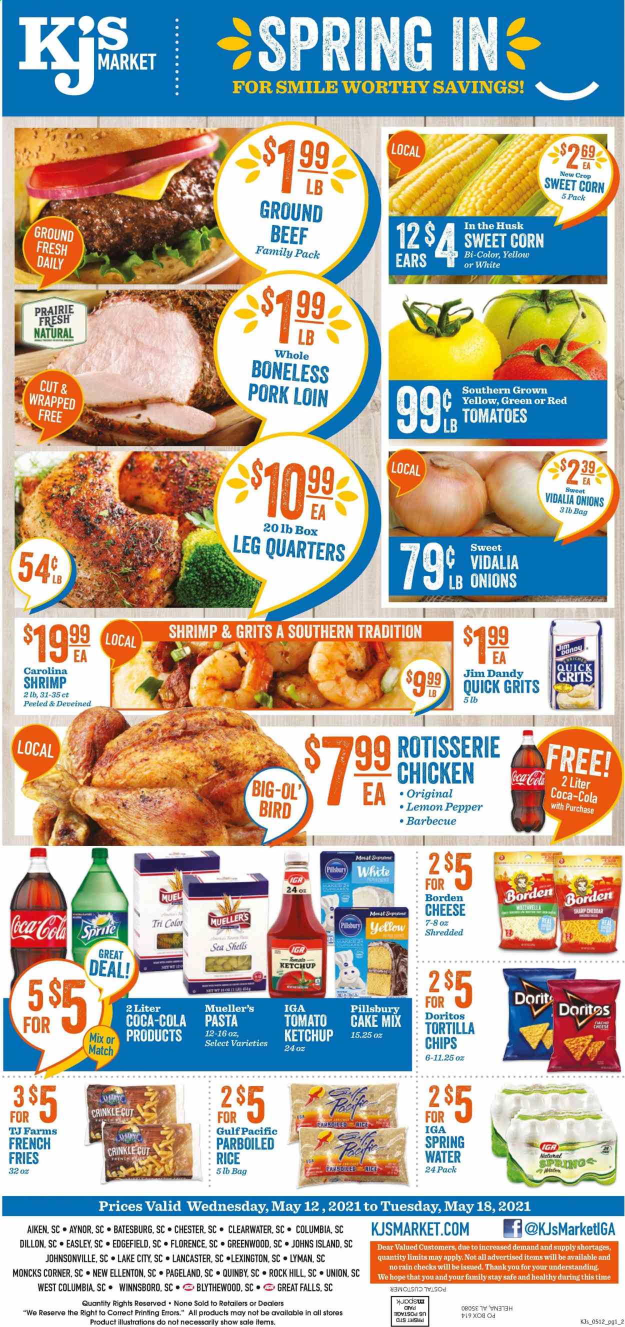 thumbnail - KJ´s Market Flyer - 05/12/2021 - 05/18/2021 - Sales products - cake mix, corn, tomatoes, onion, sweet corn, shrimps, chicken roast, pasta, Pillsbury, Johnsonville, cheese, potato fries, french fries, Doritos, tortilla chips, chips, grits, rice, parboiled rice, ketchup, Coca-Cola, spring water, beef meat, ground beef, pork loin, pork meat. Page 1.