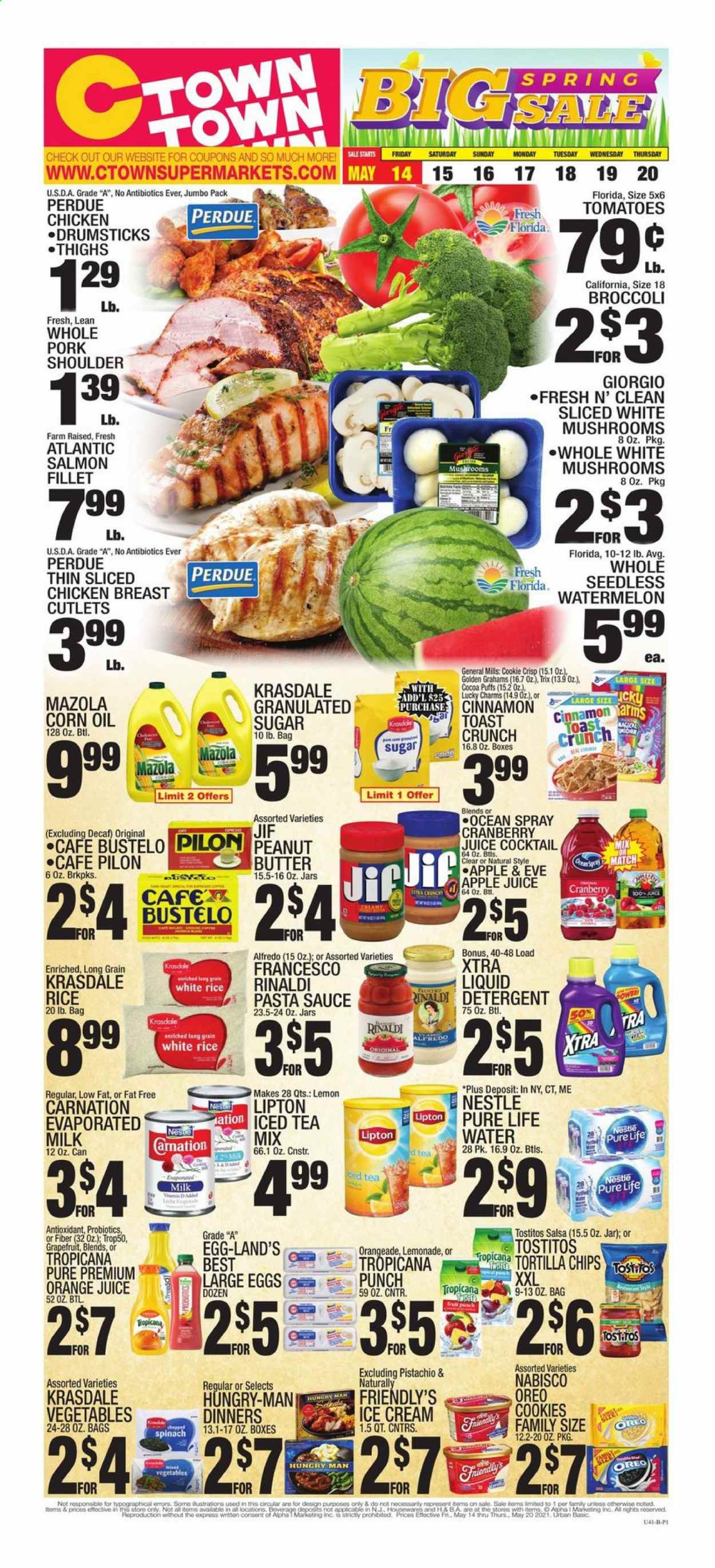 thumbnail - C-Town Flyer - 05/14/2021 - 05/20/2021 - Sales products - mushrooms, puffs, broccoli, corn, spinach, tomatoes, grapefruits, watermelon, salmon, salmon fillet, pasta sauce, sauce, Perdue®, Oreo, evaporated milk, large eggs, butter, ice cream, Friendly's Ice Cream, cookies, Nestlé, tortilla chips, chips, Tostitos, sugar, Trix, rice, white rice, cinnamon, salsa, corn oil, Jif, apple juice, cranberry juice, lemonade, orange juice, juice, Lipton, ice tea, fruit punch, Pure Life Water, chicken breasts, chicken drumsticks, pork meat, pork shoulder. Page 1.