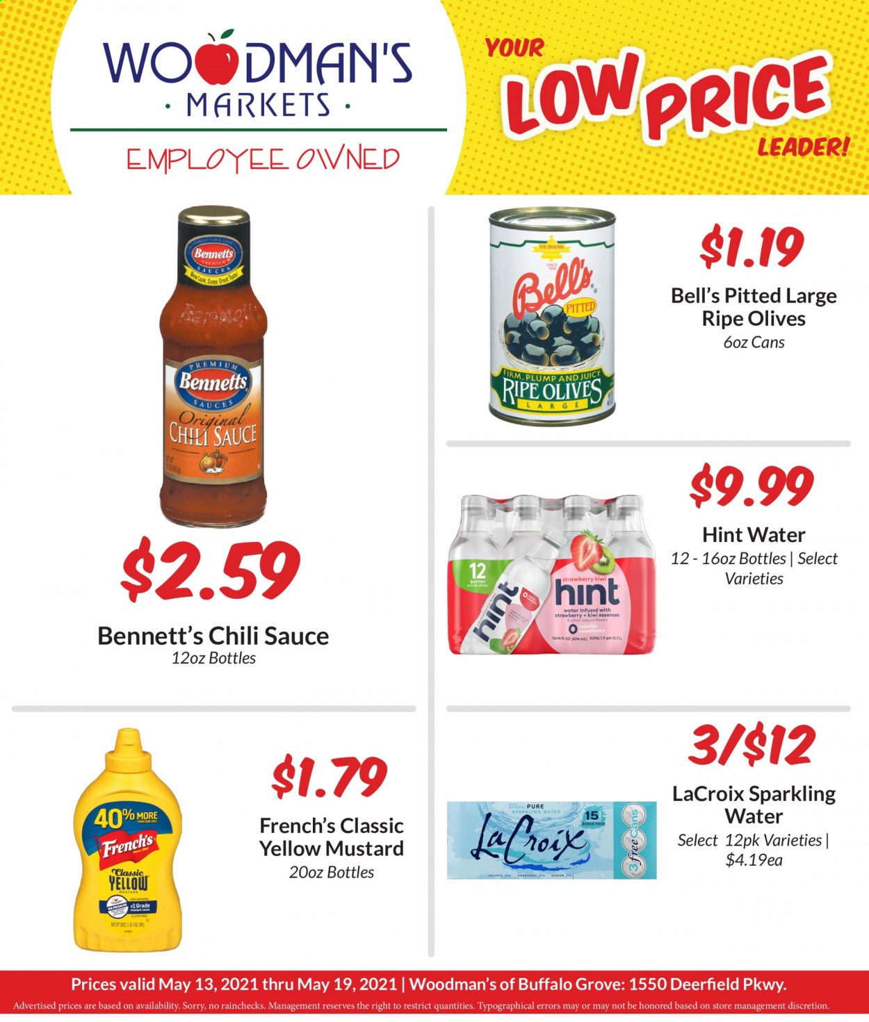 thumbnail - Woodman's Markets Flyer - 05/13/2021 - 05/19/2021 - Sales products - kiwi, sweetener, olives, mustard, chilli sauce, sparkling water. Page 1.