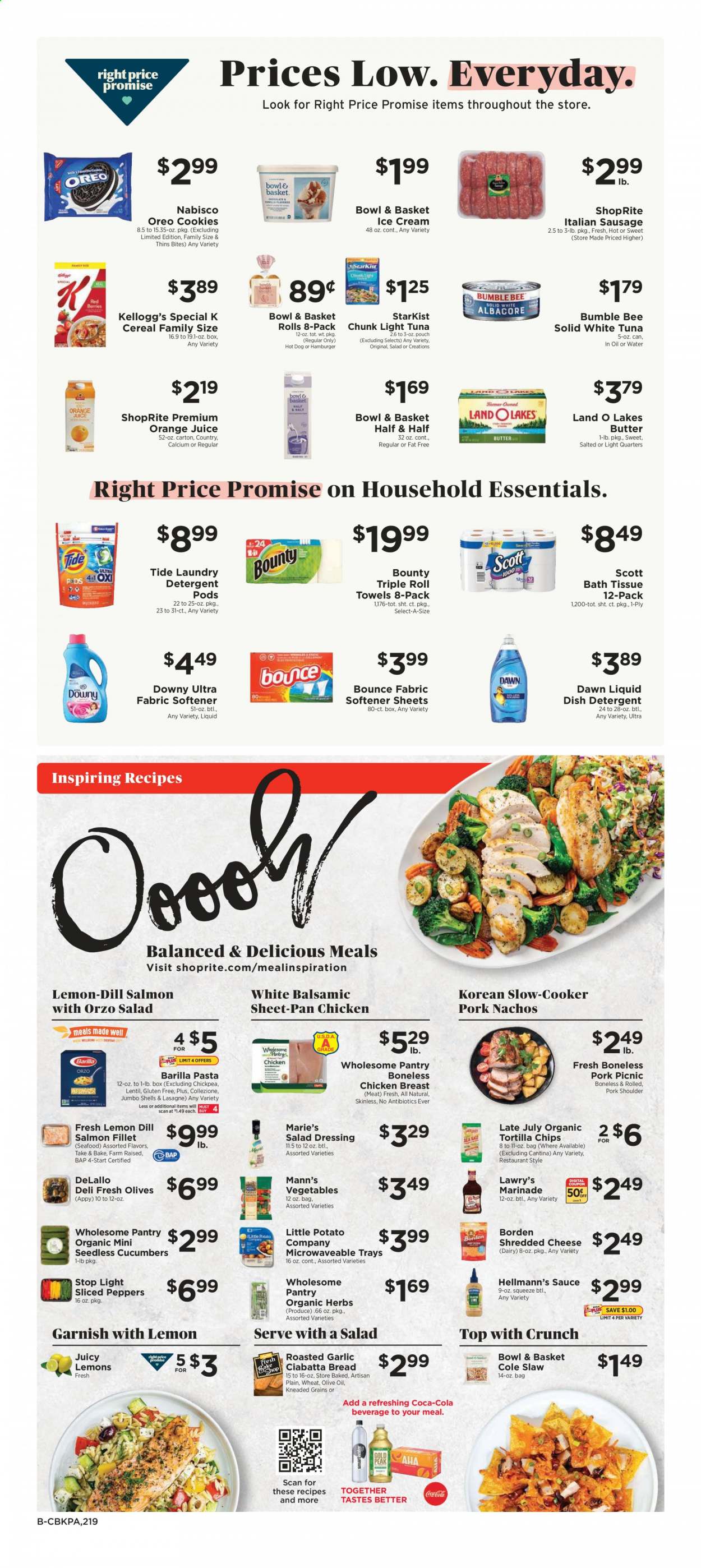 thumbnail - ShopRite Flyer - 05/16/2021 - 05/22/2021 - Sales products - bread, ciabatta, Bowl & Basket, peppers, salmon, salmon fillet, tuna, seafood, StarKist, hot dog, hamburger, pasta, Bumble Bee, sauce, Barilla, sausage, italian sausage, shredded cheese, Oreo, butter, Hellmann’s, ice cream, cookies, Bounty, Kellogg's, tortilla chips, chips, Thins, olives, light tuna, cereals, dill, herbs, salad dressing, dressing, marinade, olive oil, Coca-Cola, orange juice, juice, chicken breasts, pork meat, pork shoulder, bath tissue, paper towels, detergent, Tide, fabric softener, laundry detergent, Bounce, Downy Laundry, pan, bowl, Scott, Half and half. Page 2.