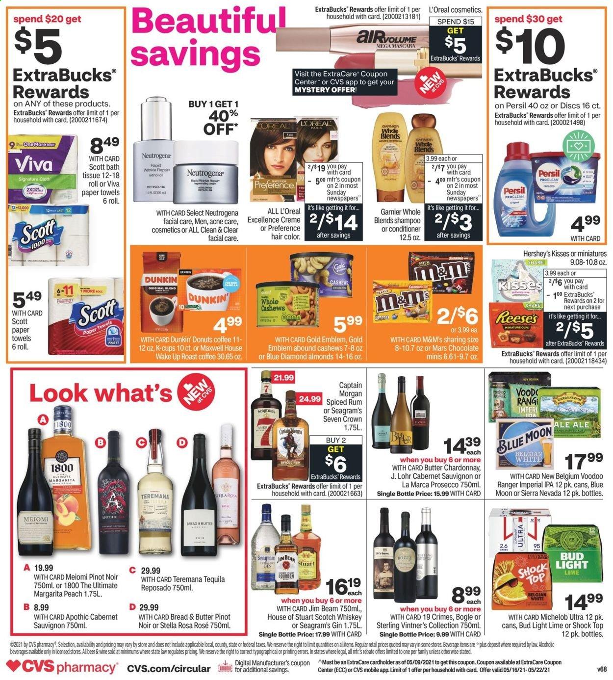 thumbnail - CVS Pharmacy Flyer - 05/16/2021 - 05/22/2021 - Sales products - milk, Reese's, Hershey's, chocolate, Mars, M&M's, almonds, cashews, Blue Diamond, Maxwell House, coffee, coffee capsules, K-Cups, Dunkin' Donuts, Cabernet Sauvignon, white wine, prosecco, Chardonnay, Pinot Noir, rosé wine, Captain Morgan, gin, rum, spiced rum, tequila, whiskey, Jim Beam, whisky, bath tissue, kitchen towels, paper towels, Persil, shampoo, Garnier, L’Oréal, Neutrogena, Clean & Clear, conditioner, hair color, mascara, Scott, beer, Blue Moon, Michelob, Bud Light, IPA. Page 2.
