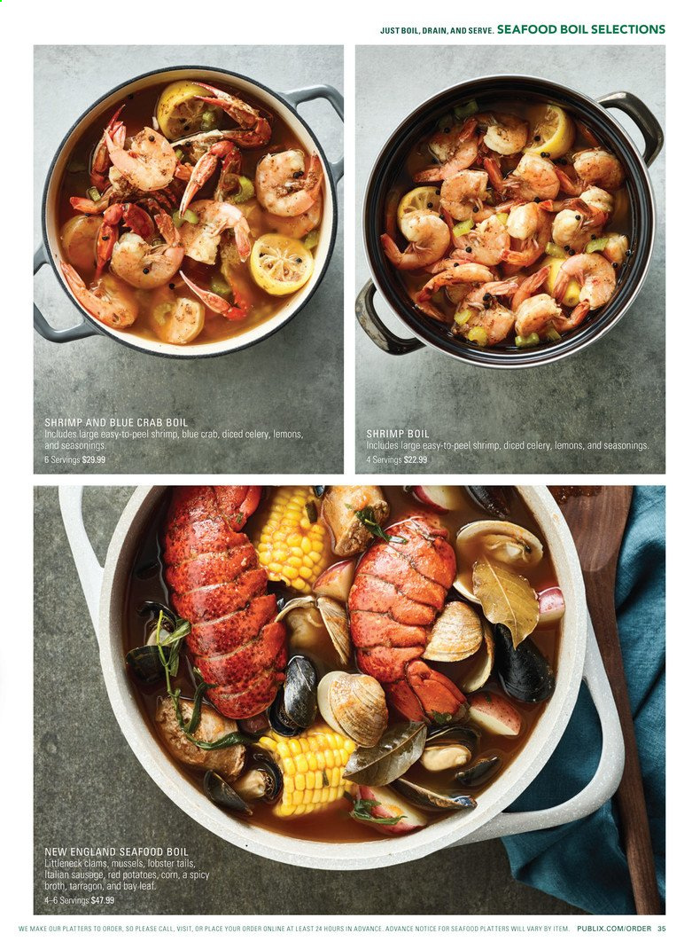thumbnail - Publix Flyer - 05/14/2021 - 09/16/2021 - Sales products - red potatoes, clams, lobster, mussels, seafood, crab, lobster tail, shrimps, seafood boil, sausage, italian sausage, broth, lemons. Page 35.
