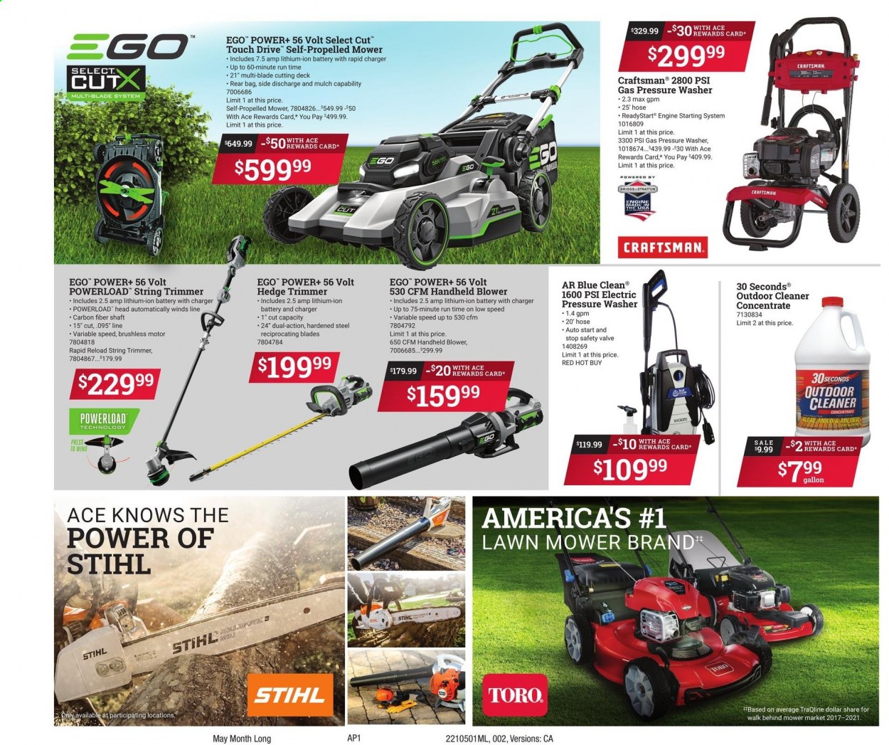 thumbnail - ACE Hardware Flyer - 05/01/2021 - 05/31/2021 - Sales products - Ego, cleaner, gallon, Craftsman, string trimmer, lawn mower, hedge trimmer, blower, electric pressure washer, pressure washer, garden mulch. Page 2.