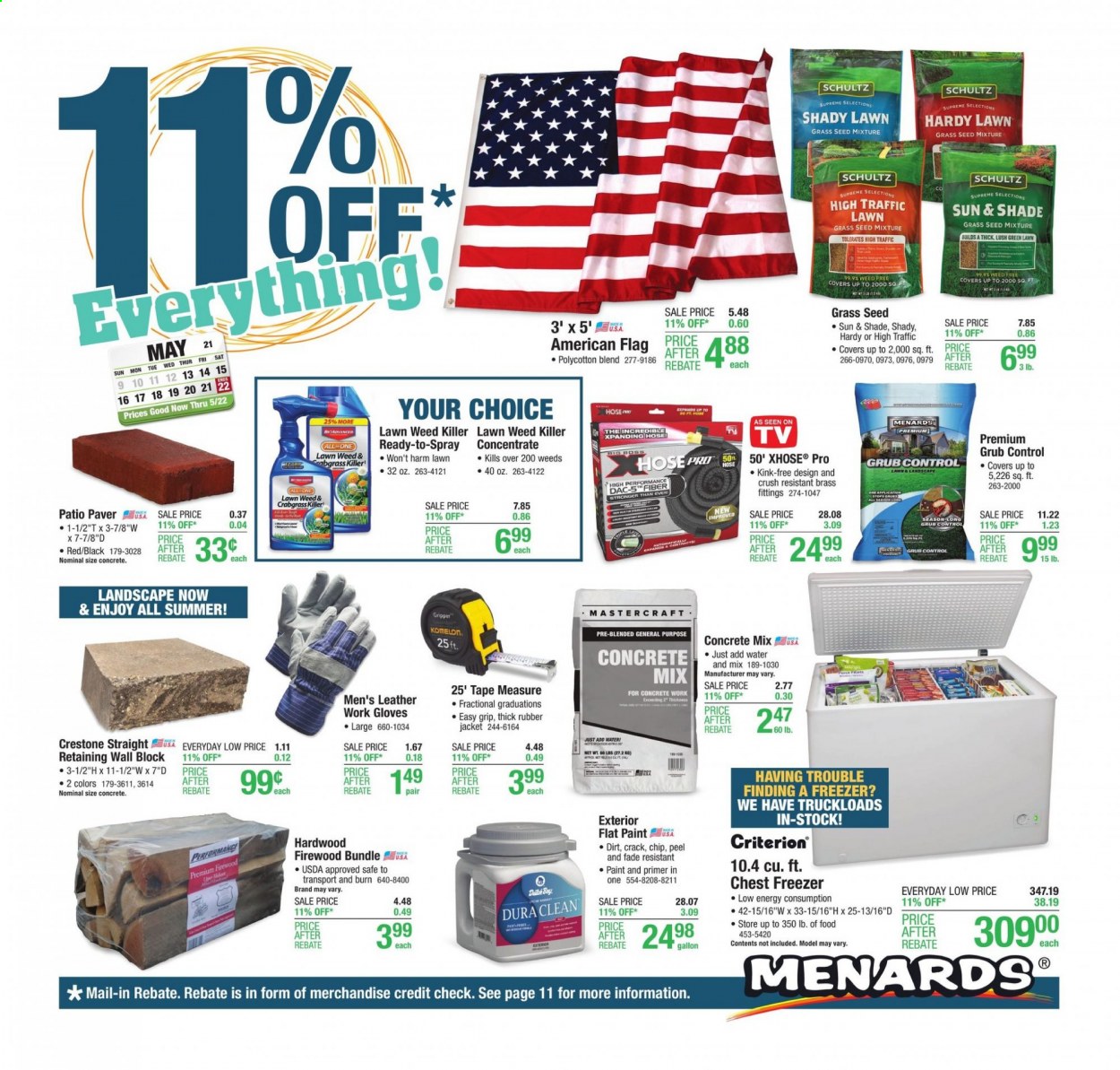 thumbnail - Menards Flyer - 05/13/2021 - 05/22/2021 - Sales products - DAC, paint, concrete mix, measuring tape, gloves, work gloves, plant seeds, grass seed, car battery. Page 1.