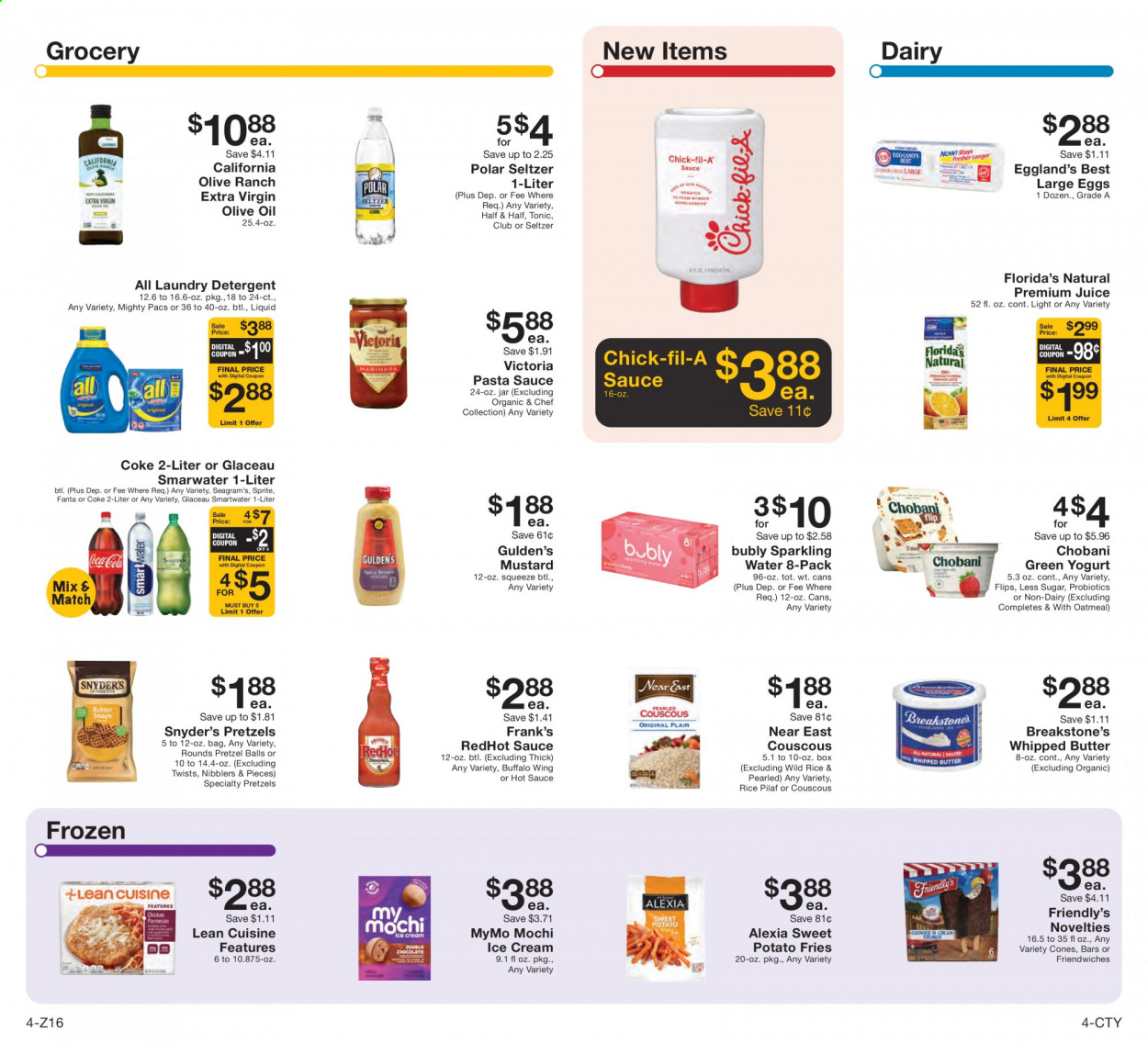 thumbnail - Fairway Market Flyer - 05/14/2021 - 05/20/2021 - Sales products - pretzels, dessert, sweet potato, pasta sauce, sauce, Lean Cuisine, Chobani, eggs, large eggs, whipped butter, ice cream, Friendly's Ice Cream, sweet potato fries, Florida's Natural, oatmeal, couscous, rice, mustard, hot sauce, wing sauce, extra virgin olive oil, olive oil, oil, Coca-Cola, Sprite, juice, Fanta, tonic, soft drink, Coke, seltzer water, sparkling water, bottled water, Smartwater, water, carbonated soft drink, Half and half. Page 4.