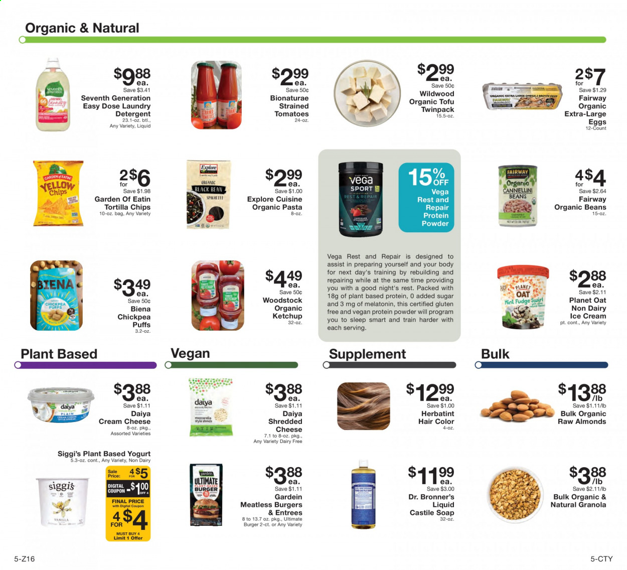 thumbnail - Fairway Market Flyer - 05/14/2021 - 05/20/2021 - Sales products - puffs, beans, tomatoes, hamburger, pasta, cream cheese, shredded cheese, tofu, yoghurt, large eggs, ice cream, tortilla chips, chips, oats, granola, ketchup, almonds. Page 5.