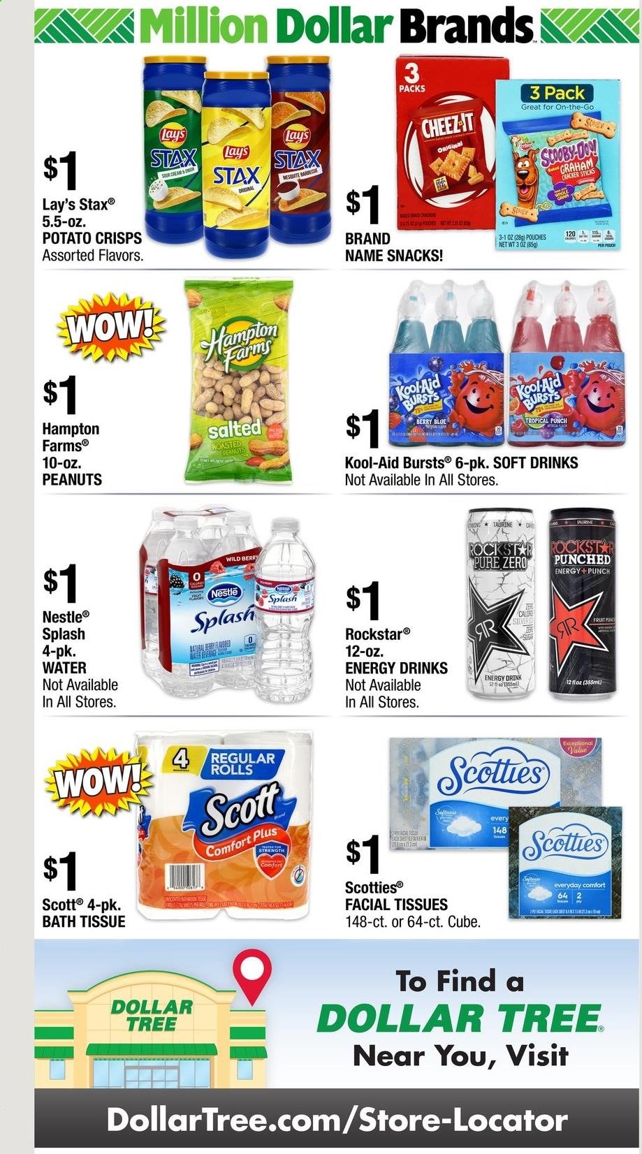 thumbnail - Dollar Tree Flyer - 05/16/2021 - 05/29/2021 - Sales products - Nestlé, snack, crackers, potato crisps, Lay’s, peanuts, energy drink, soft drink, Rockstar, fruit punch, bath tissue, facial tissues, Scott. Page 8.