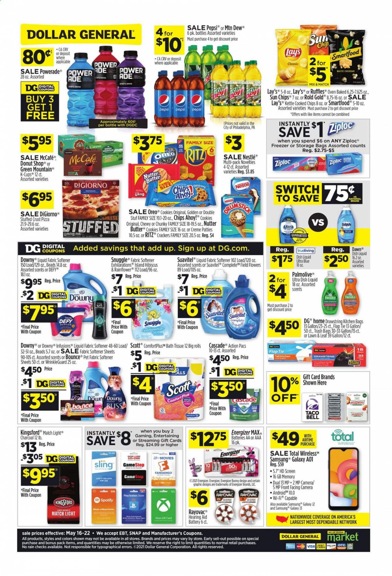 thumbnail - Dollar General Flyer - 05/16/2021 - 05/22/2021 - Sales products - Scott, Samsung Galaxy, pizza, Oreo, butter, cookies, Nestlé, crackers, Chips Ahoy!, RITZ, chips, Lay’s, Smartfood, Ruffles, Mountain Dew, Powerade, Pepsi, coffee capsules, McCafe, K-Cups, Green Mountain, bath tissue, Cascade, Snuggle, fabric softener, Bounce, Downy Laundry, dishwashing liquid, Palmolive, Ziploc, trash bags, storage bag, battery, Energizer, Samsung Galaxy A01, Xbox, freezer, oven, kettle, bag, doll, switch, charcoal, Kingsford, car battery. Page 2.