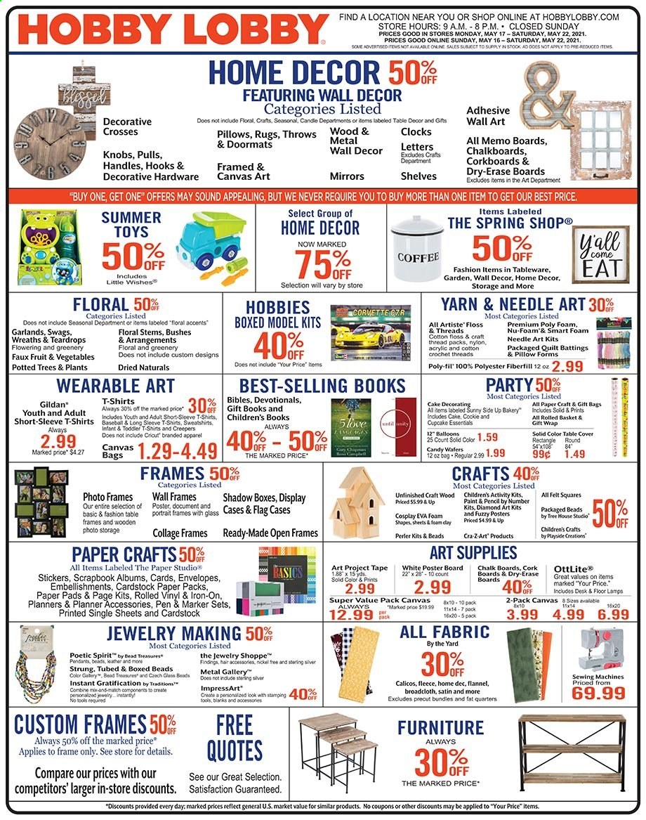 thumbnail - Hobby Lobby Flyer - 05/16/2021 - 05/22/2021 - Sales products - sticker, gift wrap, pen, envelope, paper, pencil, scrapbook, sketch pad, canvas, balloons, pillow, quilt, satin sheets, mirror, wall decor. Page 1.