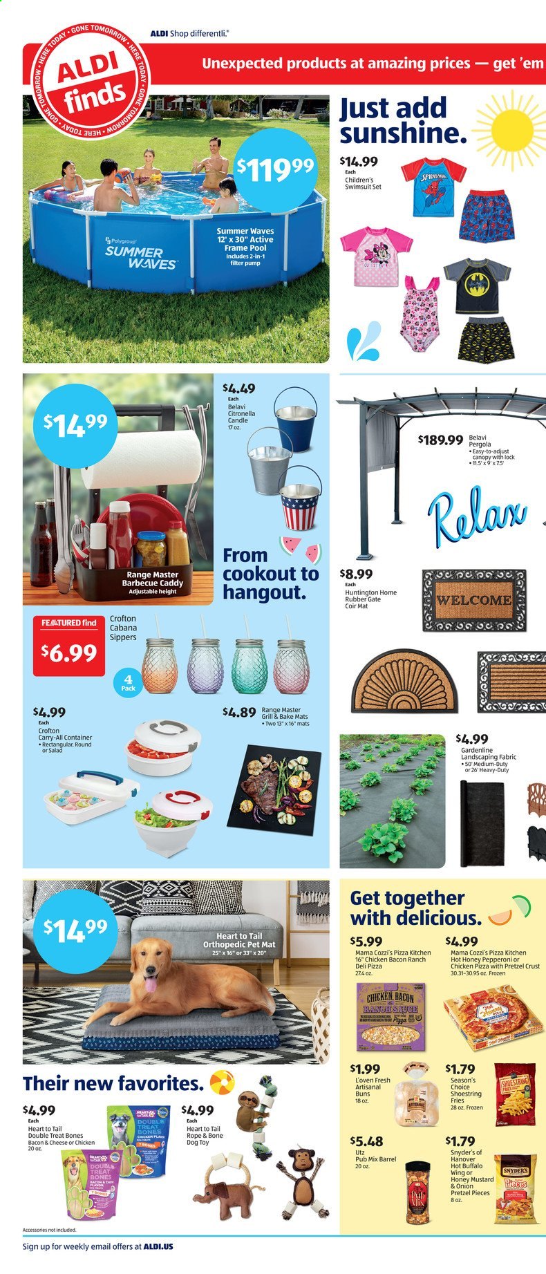 thumbnail - ALDI Flyer - 05/16/2021 - 05/22/2021 - Sales products - pretzels, buns, pizza, bacon, pepperoni, Sunshine, potato fries, mustard, honey mustard, candle, dog toy, oven, toys, grill, pool, pump. Page 2.