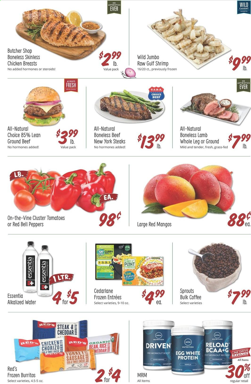 thumbnail - Sprouts Flyer - 05/19/2021 - 05/25/2021 - Sales products - bell peppers, tomatoes, peppers, mango, shrimps, burrito, chorizo, sausage, cheese, eggs, rice, Boost, coffee, chicken breasts, beef meat, ground beef, steak. Page 2.