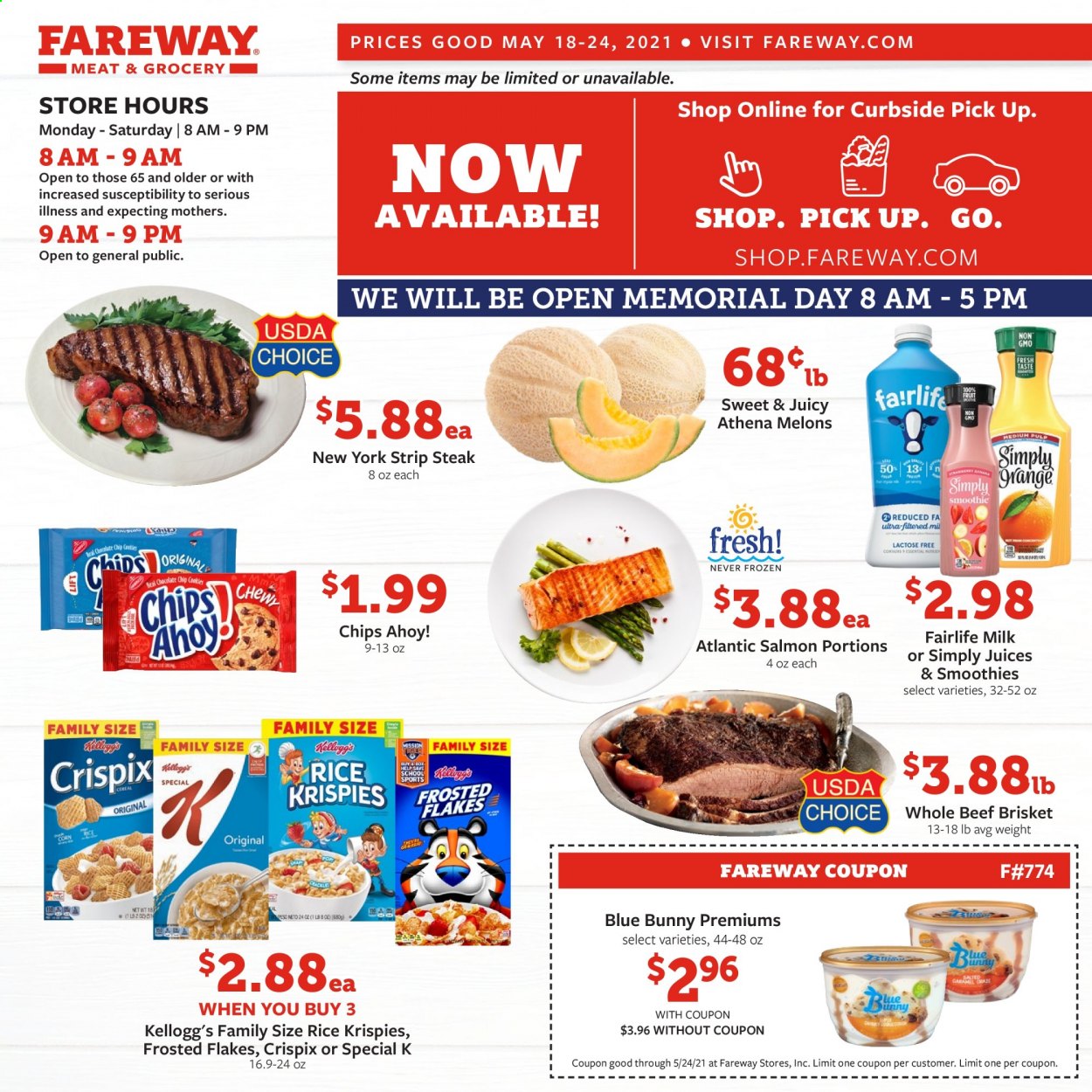 thumbnail - Fareway Flyer - 05/18/2021 - 05/24/2021 - Sales products - salmon, milk, Blue Bunny, Kellogg's, Chips Ahoy!, chips, Rice Krispies, Frosted Flakes, juice, smoothie, beef meat, steak, striploin steak, beef brisket, melons. Page 1.