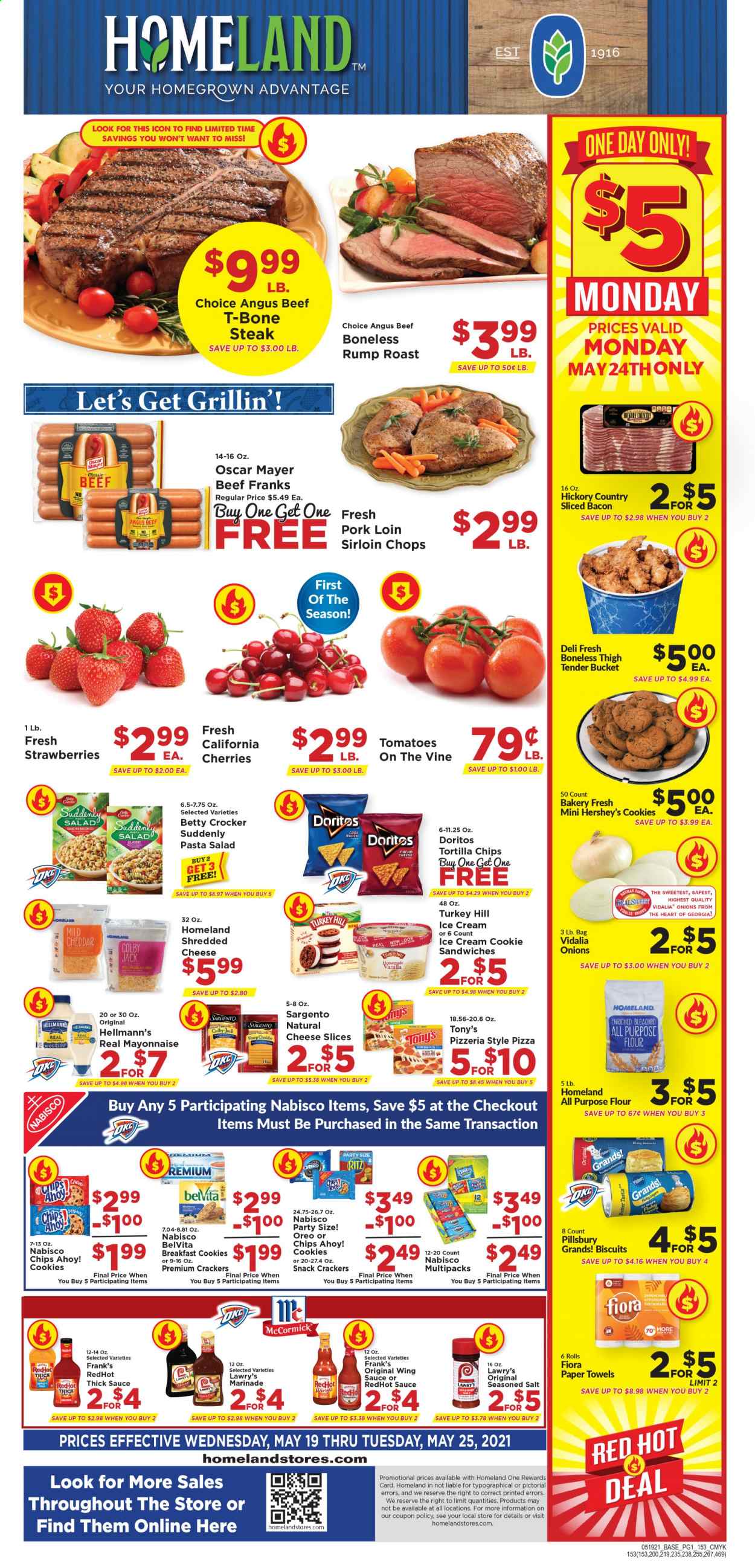 thumbnail - Homeland Flyer - 05/19/2021 - 05/25/2021 - Sales products - cake, buns, burger buns, Sara Lee, Dunkin' Donuts, Entenmann's, tomatoes, ravioli, pasta sauce, sandwich, Knorr, Quaker, pasta sides, Jimmy Dean, Sargento, yoghurt, Danone, Nesquik, cookies, Nestlé, sandwich cookies, snack, Mars, toffee, Kellogg's, Fritos, potato chips, Cheetos, chips, Lay’s, popcorn, Frito-Lay, oatmeal, oats, tomato sauce, Heinz, Chef Boyardee, cereals, Cheerios, granola bar, rice, cinnamon, ketchup, syrup, Capri Sun, juice, fruit punch, Maxwell House, Gevalia, breakfast blend, WAVE, Nature's Own. Page 1.