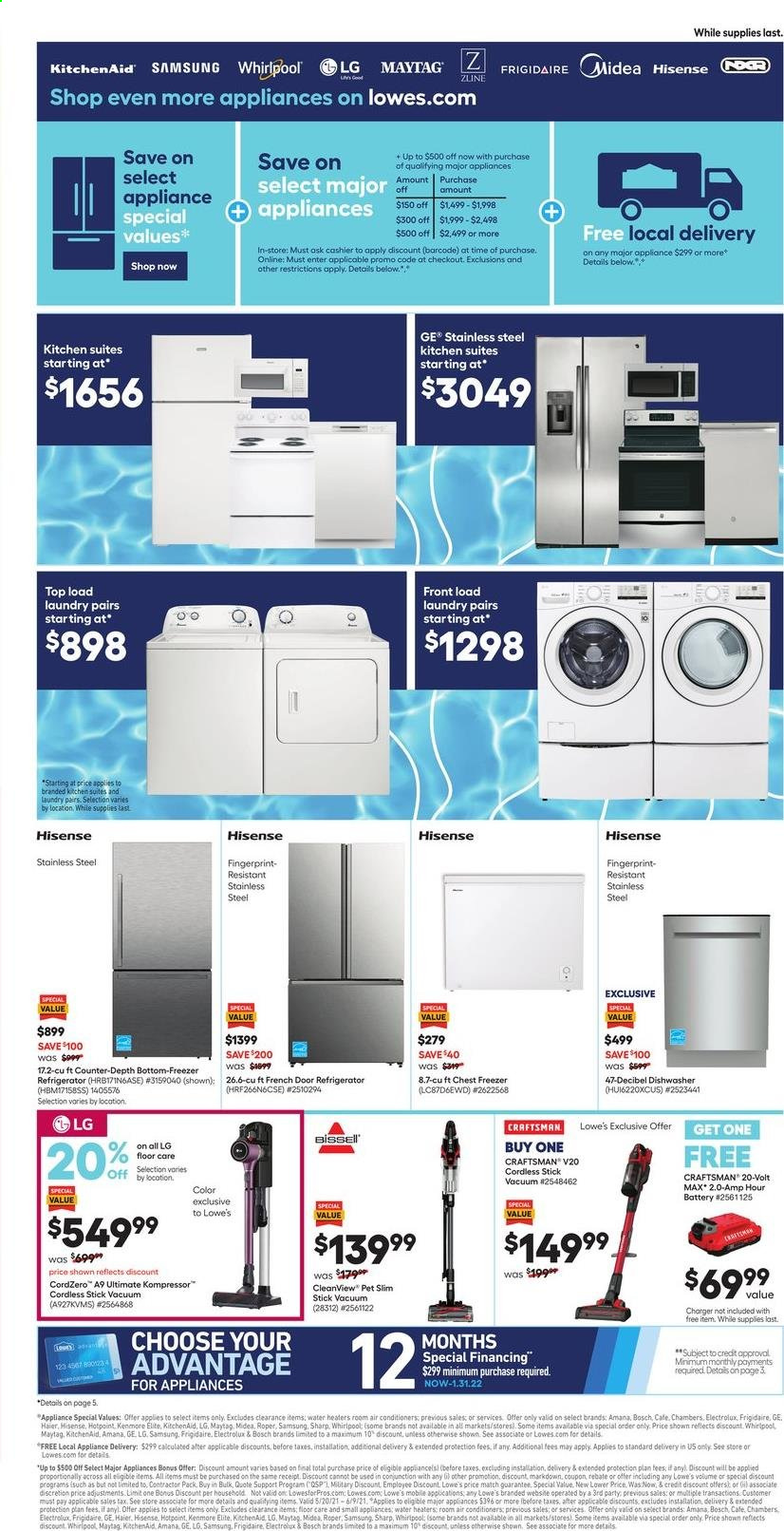 thumbnail - Lowe's Flyer - 05/20/2021 - 06/02/2021 - Sales products - KitchenAid, Sharp, battery, Samsung, LG, Bosch, Electrolux, Midea, Amana, Whirlpool, freezer, french door refrigerator, refrigerator, Haier, Hotpoint, chest freezer, Hisense, dishwasher, Maytag, air conditioner, door, Craftsman, car battery. Page 6.