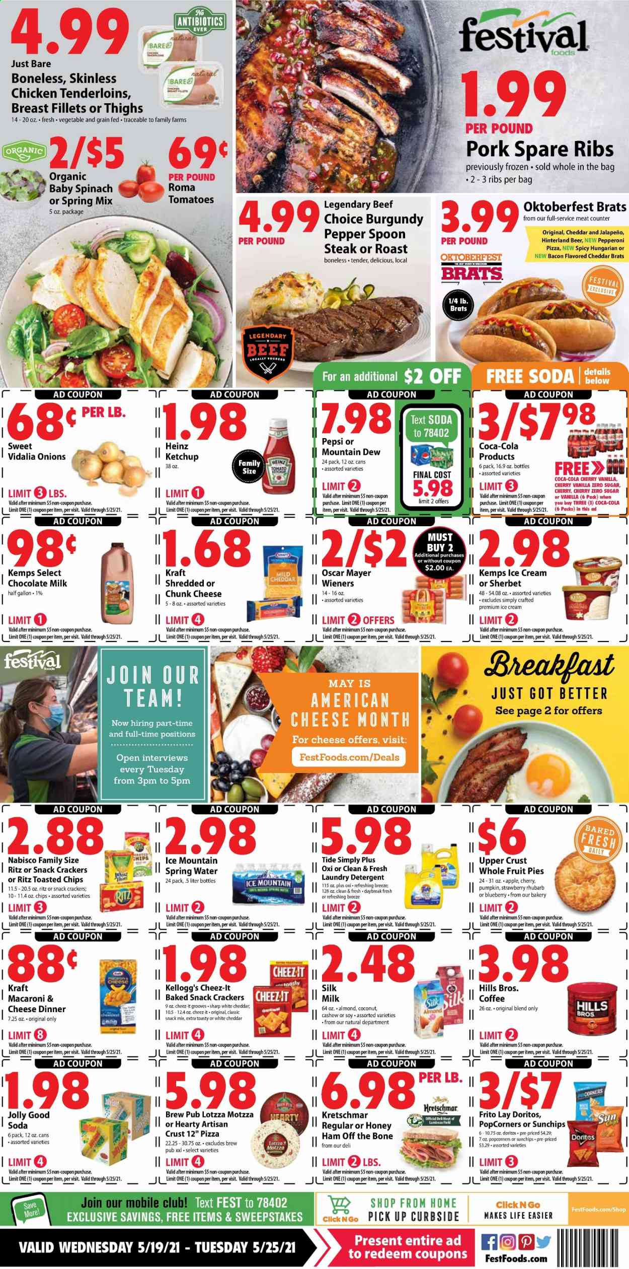 thumbnail - Festival Foods Flyer - 05/19/2021 - 05/25/2021 - Sales products - rhubarb, tomatoes, onion, jalapeño, coconut, pizza, Kraft®, bacon, ham, ham off the bone, Oscar Mayer, pepperoni, american cheese, mild cheddar, chunk cheese, Kemps, milk, ice cream, sherbet, milk chocolate, crackers, Kellogg's, RITZ, Doritos, Thins, popcorn, Cheez-It, Heinz, ketchup, Coca-Cola, Mountain Dew, Pepsi, soda, spring water, Ice Mountain, coffee, beer, steak, pork meat, pork ribs, pork spare ribs, detergent, Tide, laundry detergent. Page 1.