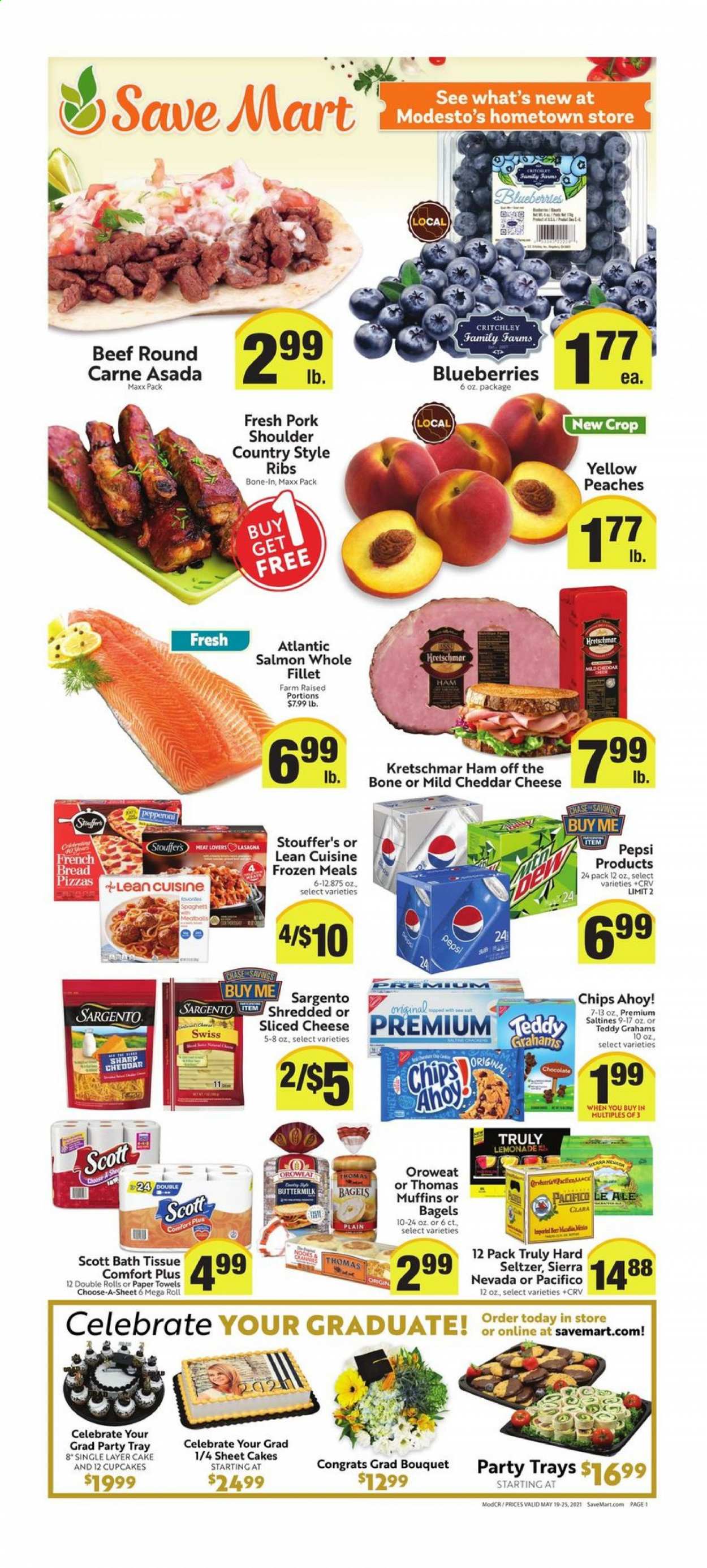 thumbnail - Save Mart Flyer - 05/19/2021 - 05/25/2021 - Sales products - bagels, bread, french bread, cupcake, muffin, blueberries, pork meat, pork ribs, pork shoulder, country style ribs, salmon, spaghetti, pizza, meatballs, lasagna meal, Lean Cuisine, ham, ham off the bone, pepperoni, mild cheddar, sliced cheese, cheese, Sargento, buttermilk, Stouffer's, chocolate, crackers, Chips Ahoy!, saltines, lemonade, Pepsi, Hard Seltzer, TRULY, peaches. Page 1.