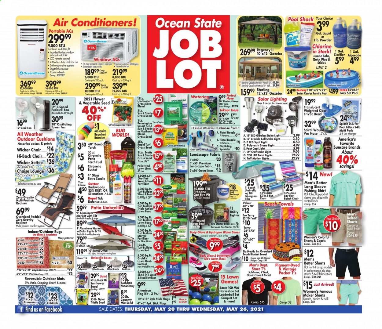 thumbnail - Ocean State Job Lot Flyer - 05/20/2021 - 05/26/2021 - Sales products - shoes, oil, candle, spotlight, blanket, cushion, TCL, remote control, air conditioner, stand fan, desk fan, shorts, shirt, cap, gloves, bracelet, umbrella, torch, pistol, rug, Craftsman, gazebo, fire bowl, pool, Intex, plant seeds, fertilizer, turf builder, garden stake, grass seed. Page 1.