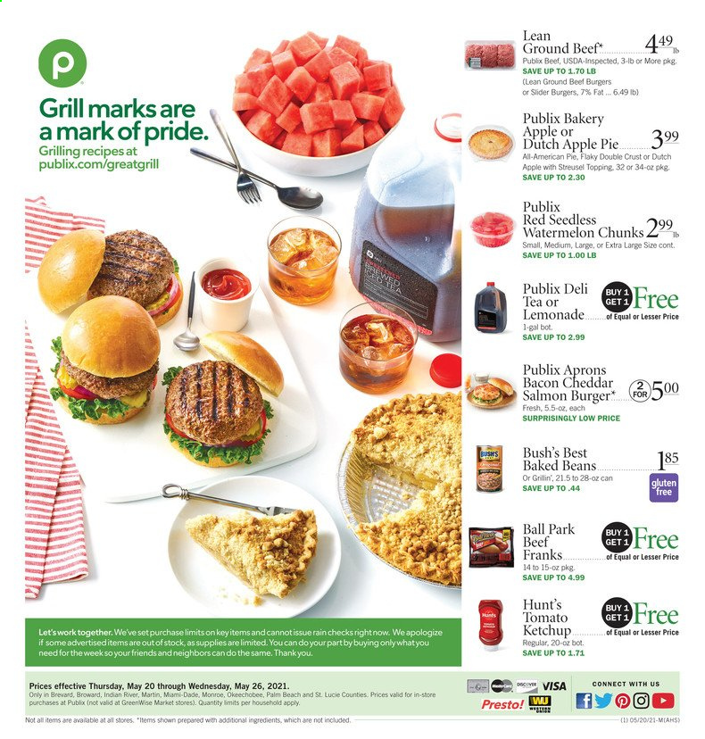 thumbnail - Publix Flyer - 05/20/2021 - 05/26/2021 - Sales products - apple pie, watermelon, salmon, hamburger, beef burger, bacon, cheddar, baked beans, ketchup, lemonade, tea, beef meat, ground beef. Page 1.