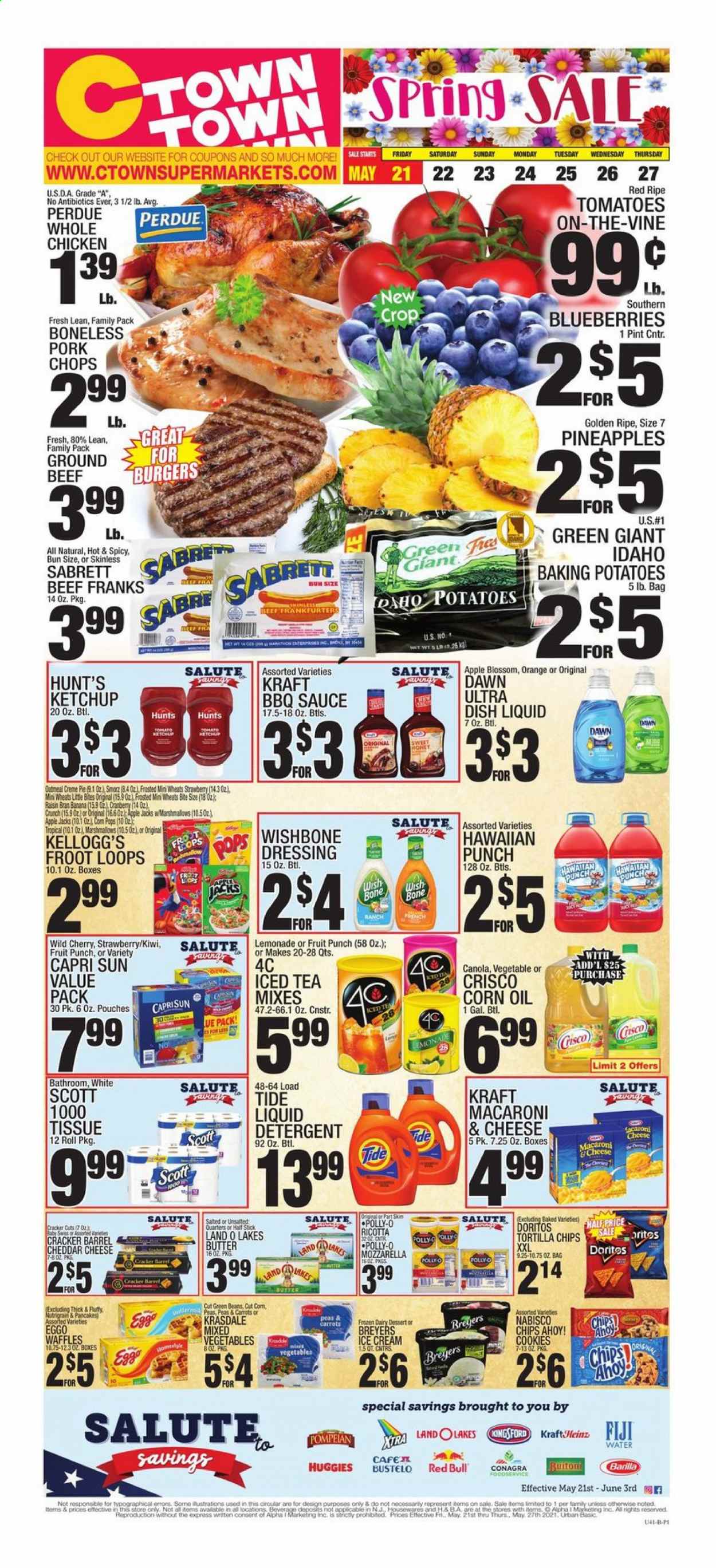 thumbnail - C-Town Flyer - 05/21/2021 - 05/27/2021 - Sales products - pie, waffles, carrots, corn, green beans, tomatoes, potatoes, blueberries, pineapple, oranges, macaroni & cheese, hamburger, sauce, pancakes, Barilla, Perdue®, Kraft®, mozzarella, ricotta, butter, Blossom, ice cream, mixed vegetables, cookies, crackers, Kellogg's, Chips Ahoy!, Doritos, tortilla chips, chips, Crisco, BBQ sauce, ketchup, dressing, corn oil, honey, Capri Sun, lemonade, ice tea, Red Bull, fruit punch, whole chicken, beef meat, ground beef. Page 1.