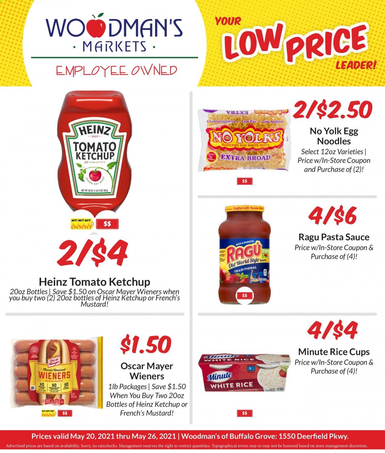 thumbnail - Woodman's Markets Flyer - 05/20/2021 - 05/26/2021 - Sales products - pasta sauce, sauce, noodles, ragú pasta, Oscar Mayer, Heinz, rice, egg noodles, mustard, ketchup, ragu. Page 1.