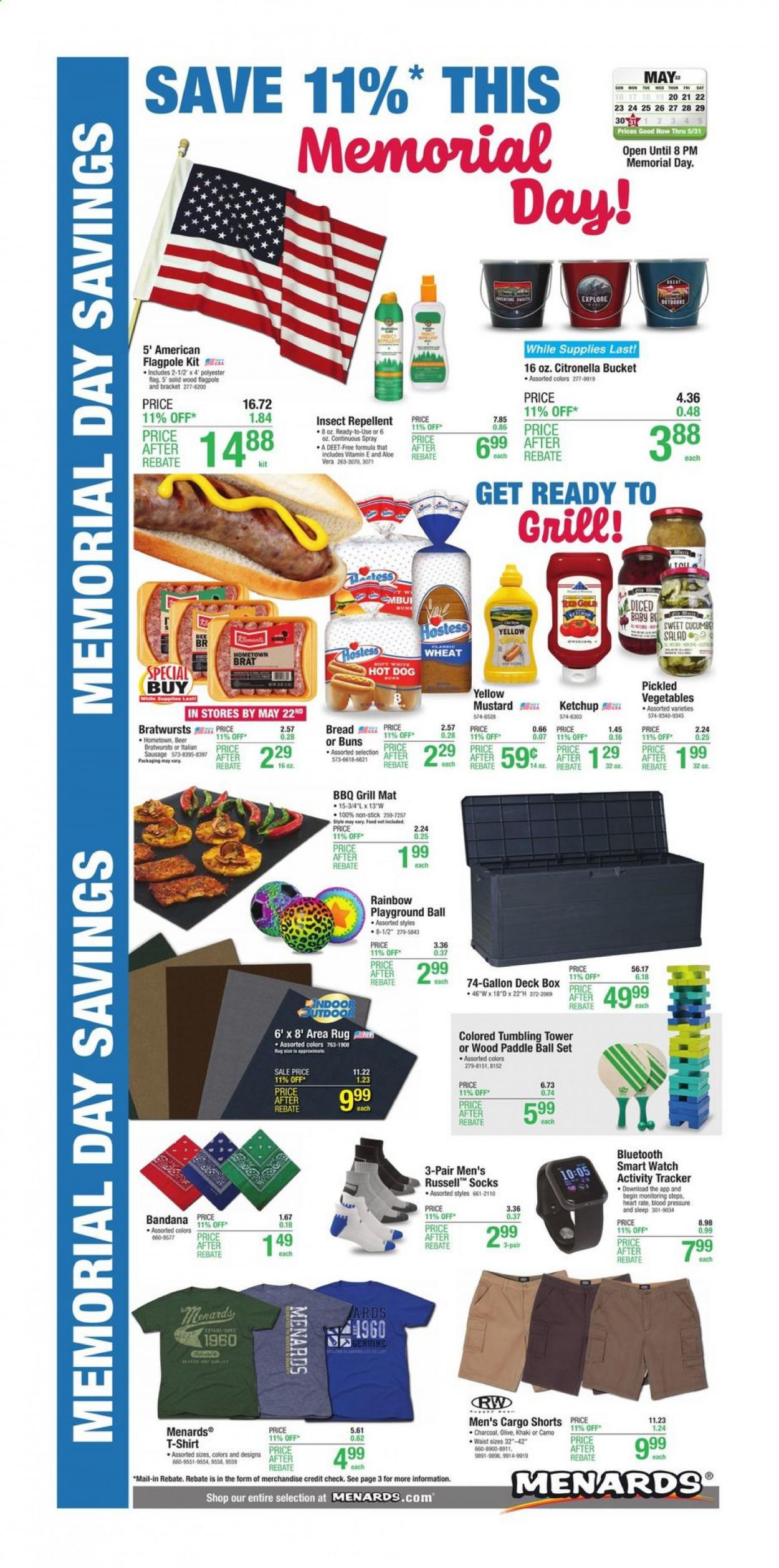 thumbnail - Menards Flyer - 05/20/2021 - 05/31/2021 - Sales products - hot dog, salad, repellent, gallon, charcoal, rug, area rug, grill. Page 1.