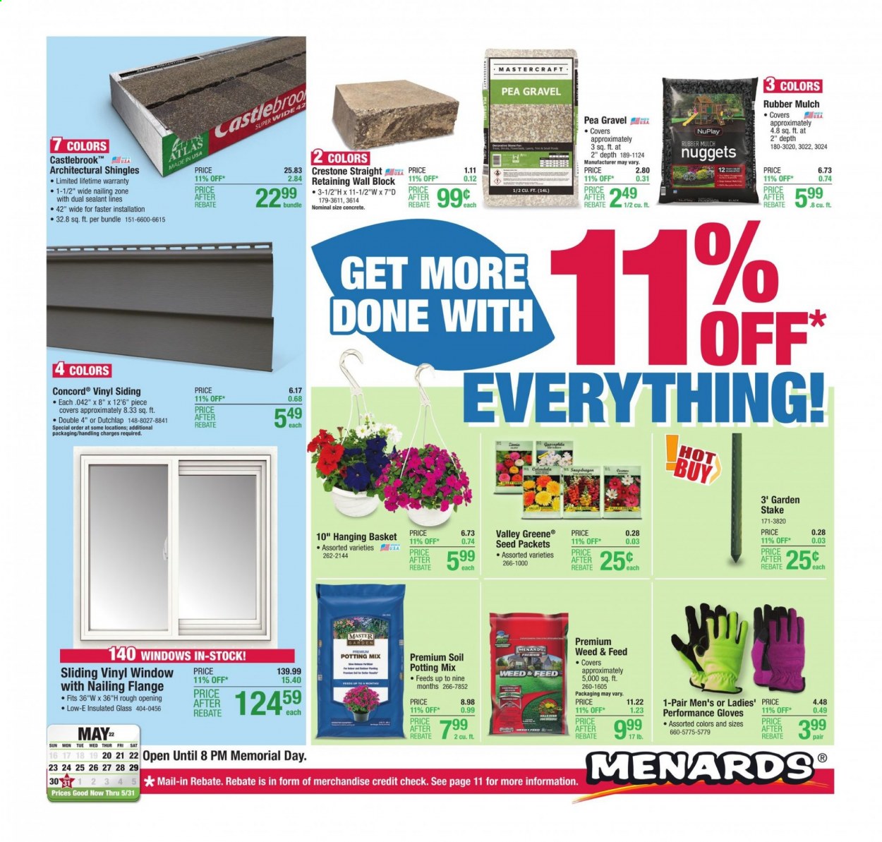 thumbnail - Menards Flyer - 05/20/2021 - 05/31/2021 - Sales products - nuggets, basket, vinyl, shingle, siding, window, gloves, plant seeds, zinnia, potting mix, garden stake, garden mulch. Page 1.