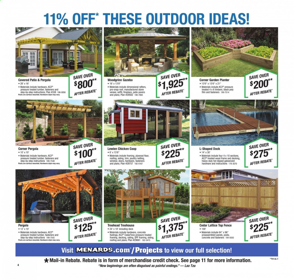 thumbnail - Menards Flyer - 05/20/2021 - 05/31/2021 - Sales products - chicken coop, pergola, fireplace, decking, roofing, siding, plywood, door, gazebo. Page 4.