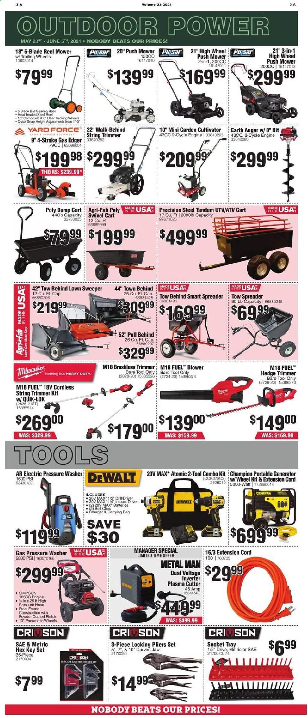 thumbnail - Rural King Flyer - 05/23/2021 - 06/05/2021 - Sales products - Fab, tray, AEG, cap, bag, belt, reel, socket, DeWALT, impact driver, plasma cutter, string trimmer, trimmer, spreader, hedge trimmer, pliers, combo kit, blower, electric pressure washer, extension cord, pressure washer, generator, cart. Page 6.
