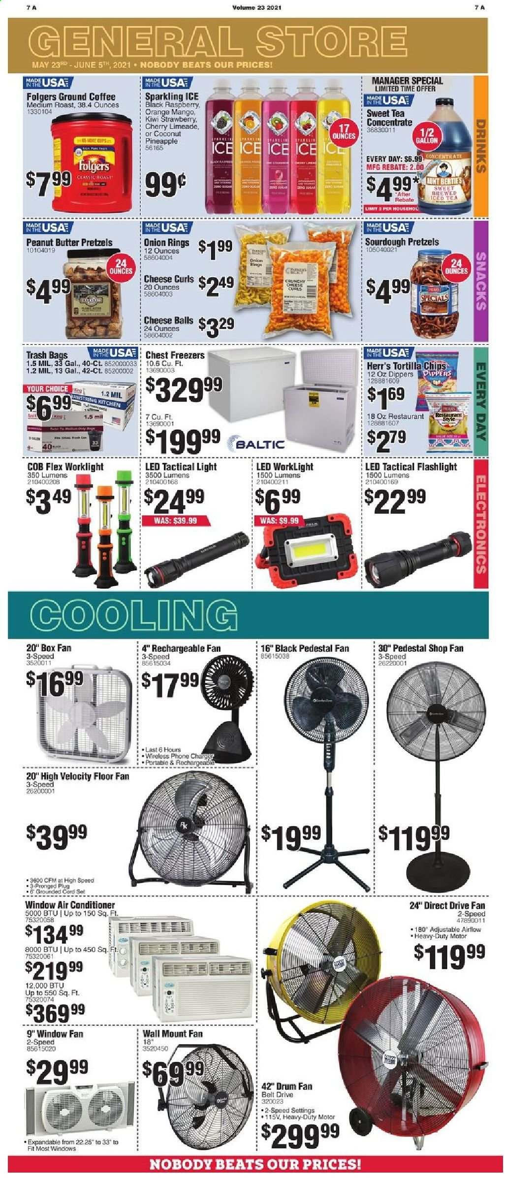 thumbnail - Rural King Flyer - 05/23/2021 - 06/05/2021 - Sales products - onion rings, pretzels, snack, tortilla chips, chips, mango, peanut butter, ice tea, coffee, Folgers, ground coffee, trash bags, chest freezer, air conditioner, stand fan, window fan, rechargeable fan, wall fan, belt, flashlight, cord set. Page 10.