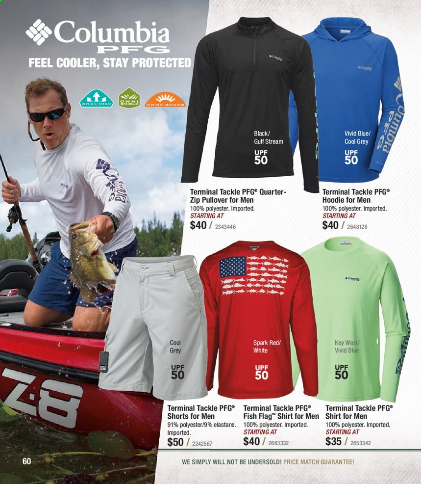 thumbnail - Bass Pro Shops Flyer - Sales products - Columbia, shorts, shirt, hoodie, pullover. Page 60.
