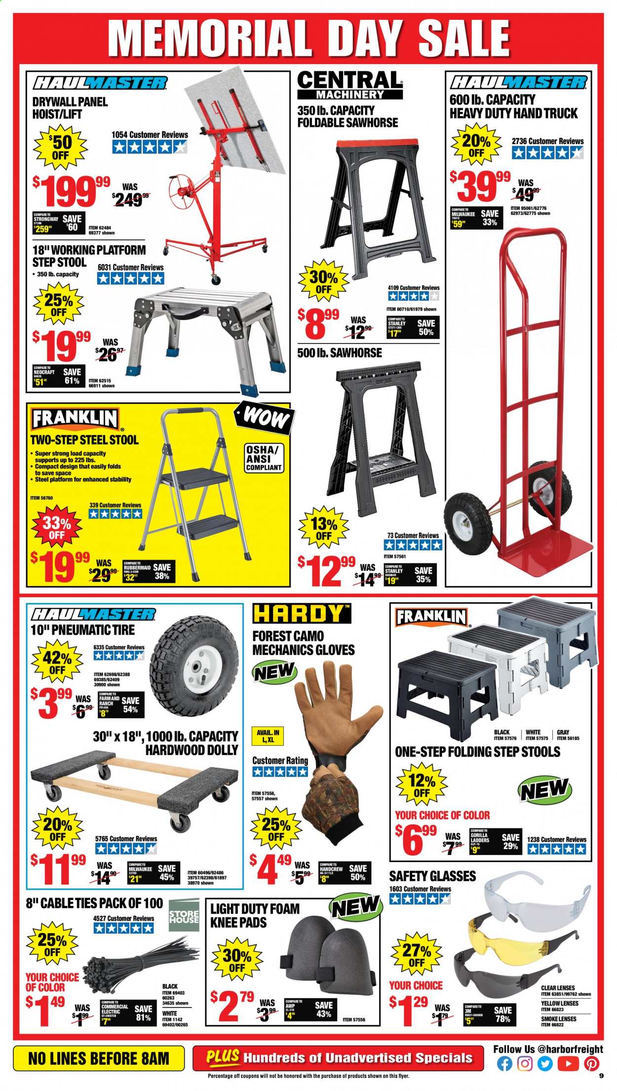 thumbnail - Harbor Freight Flyer - 05/24/2021 - 05/31/2021 - Sales products - knee pads, step stool, Stanley, Milwaukee, gloves, safety glasses, hand truck. Page 9.