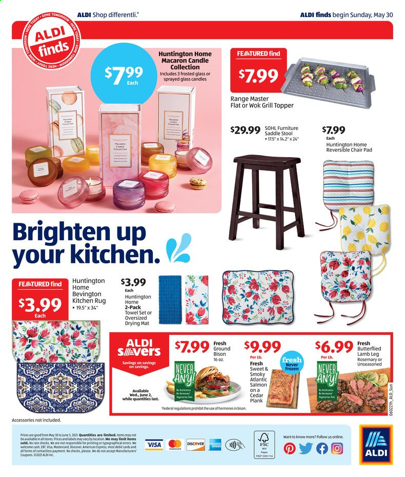 thumbnail - ALDI Flyer - 05/30/2021 - 06/05/2021 - Sales products - macaroons, salmon, rosemary, bison meat, lamb meat, lamb leg, wok, paper, candle, chair pad, towel, kitchen mat, rug, grill, grill topper. Page 4.