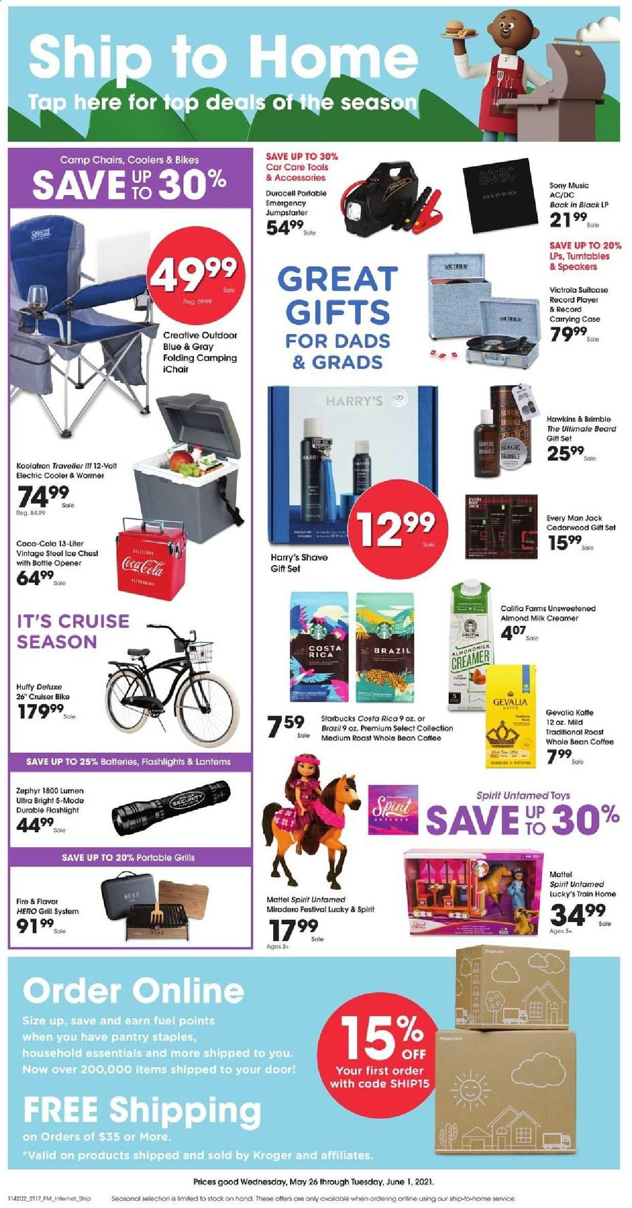 thumbnail - Kroger Flyer - 05/26/2021 - 06/01/2021 - Sales products - chair, Sony, creamer, almond creamer, Coca-Cola, coffee, Starbucks, Gevalia, gift set, bottle opener, Duracell, record player, speaker, Mattel, toys, train, cruiser, tools & accessories. Page 1.