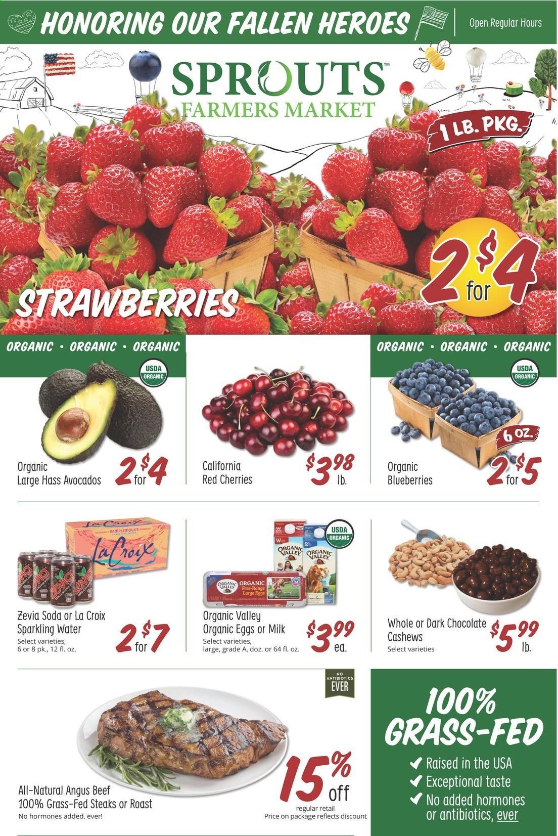 thumbnail - Sprouts Flyer - 05/26/2021 - 06/01/2021 - Sales products - avocado, blueberries, strawberries, cherries, milk, large eggs, chocolate, cashews, soda, sparkling water, beef meat, steak. Page 1.