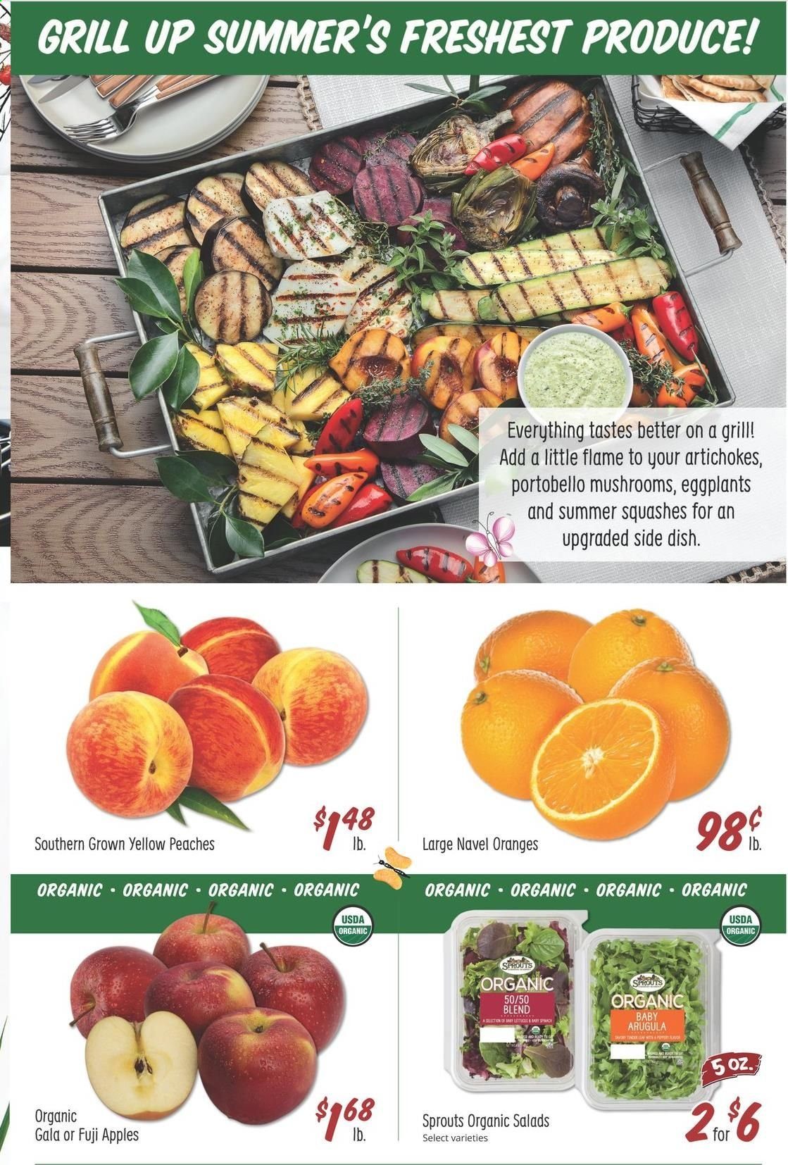 thumbnail - Sprouts Flyer - 05/26/2021 - 06/01/2021 - Sales products - portobello mushrooms, mushrooms, artichoke, arugula, salad, eggplant, apples, Gala, oranges, Fuji apple, peaches, navel oranges. Page 4.