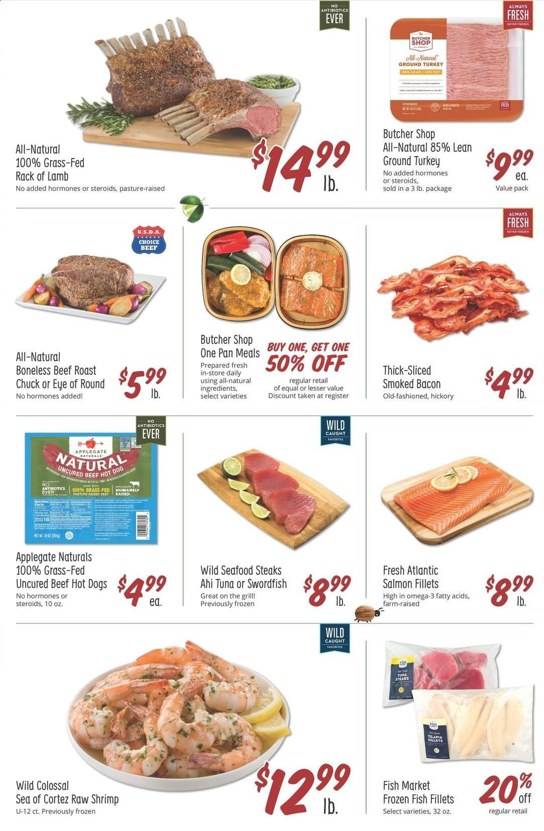 thumbnail - Sprouts Flyer - 05/26/2021 - 06/01/2021 - Sales products - fish fillets, salmon, salmon fillet, swordfish, tilapia, tuna, seafood, shrimps, hot dog, bacon, beer, ground turkey, beef meat, steak, eye of round, roast beef, lamb meat, rack of lamb. Page 5.