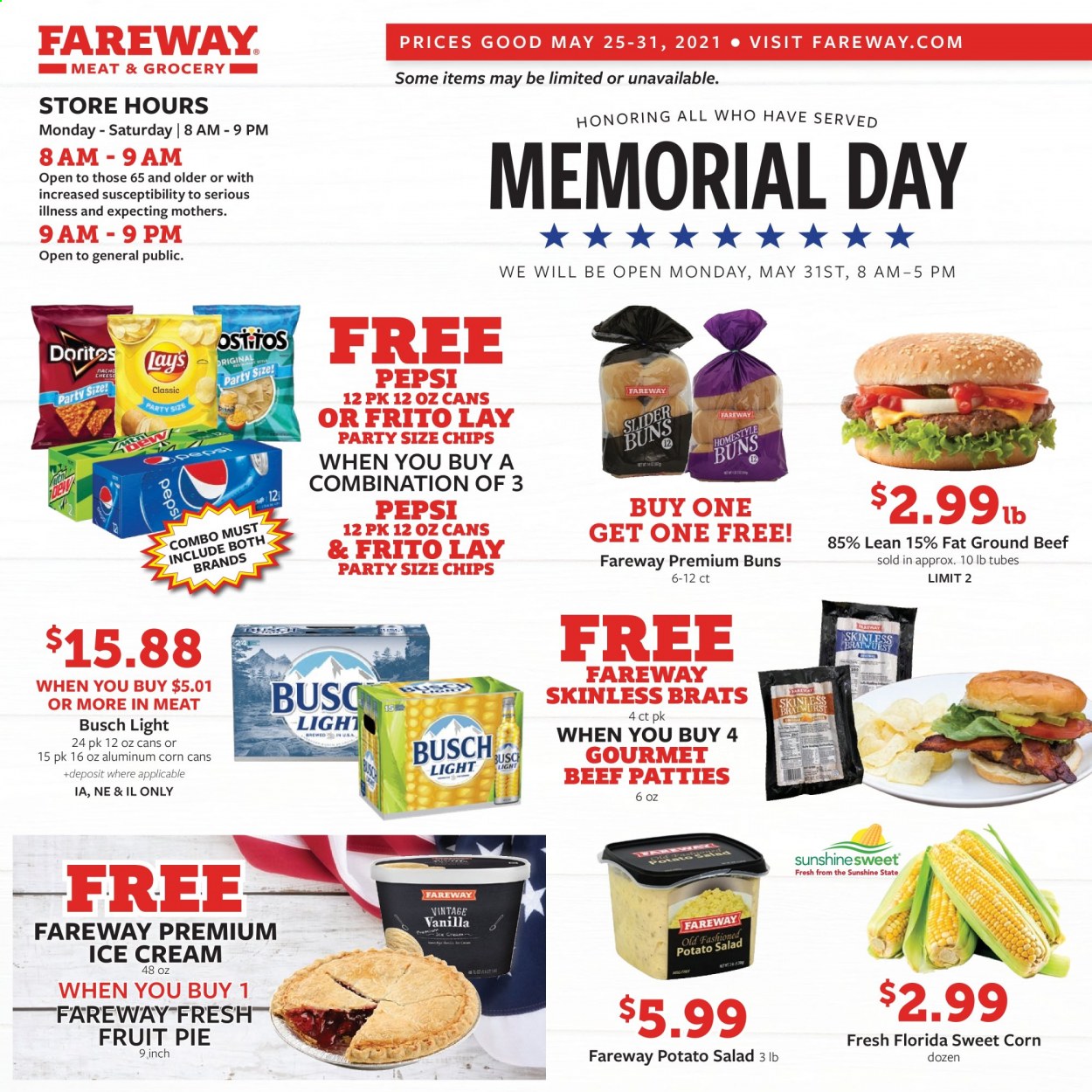 thumbnail - Fareway Flyer - 05/25/2021 - 05/31/2021 - Sales products - pie, buns, corn, salad, sweet corn, potato salad, ice cream, chips, Pepsi, beer, Busch, beef meat, ground beef. Page 1.