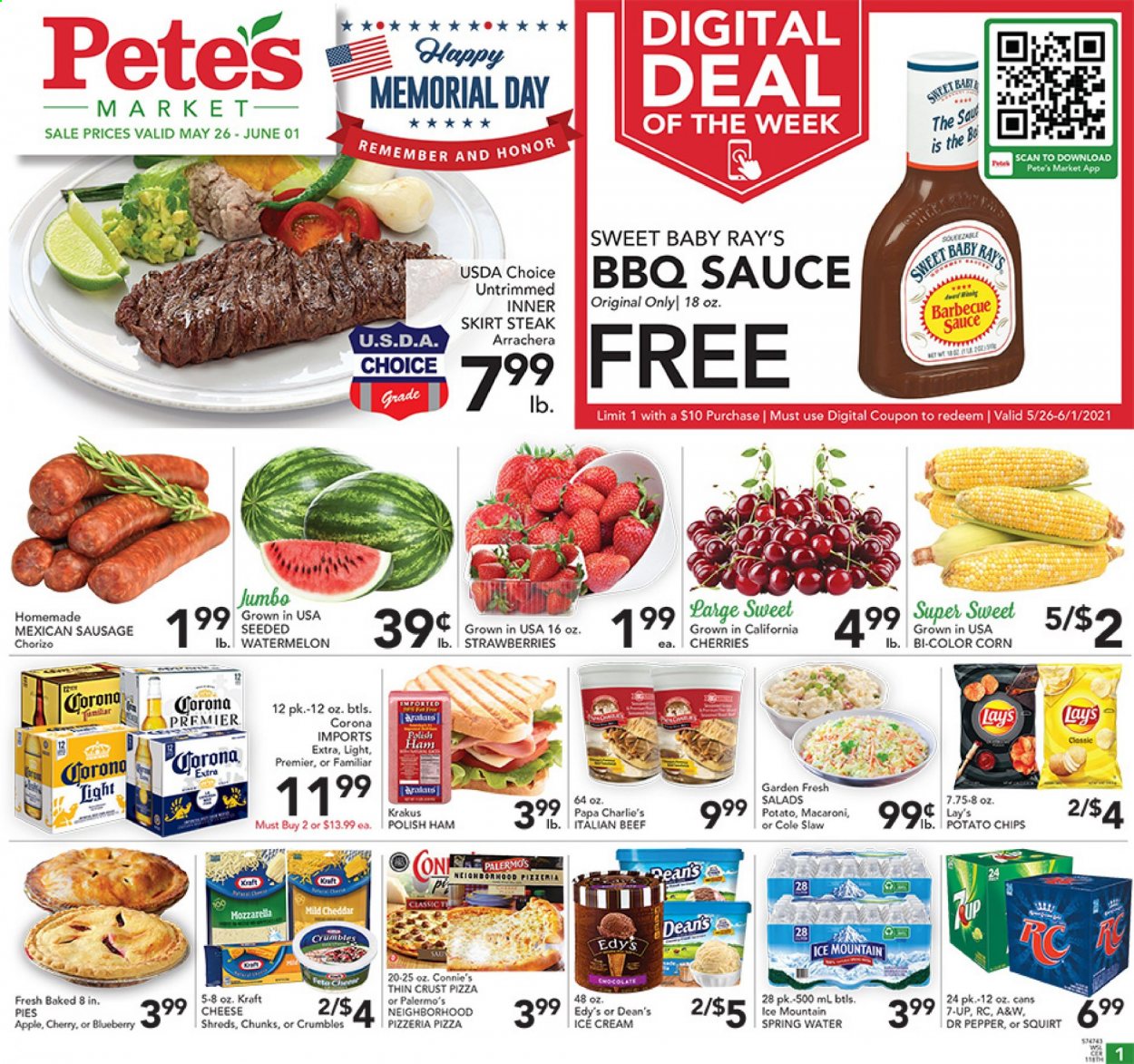 thumbnail - Pete's Fresh Market Flyer - 05/26/2021 - 06/01/2021 - Sales products - corn, strawberries, watermelon, pizza, macaroni, sauce, Kraft®, ham, chorizo, sausage, feta, ice cream, potato chips, chips, Lay’s, BBQ sauce, Dr. Pepper, 7UP, A&W, spring water, Ice Mountain, beer, Corona Extra, steak. Page 1.