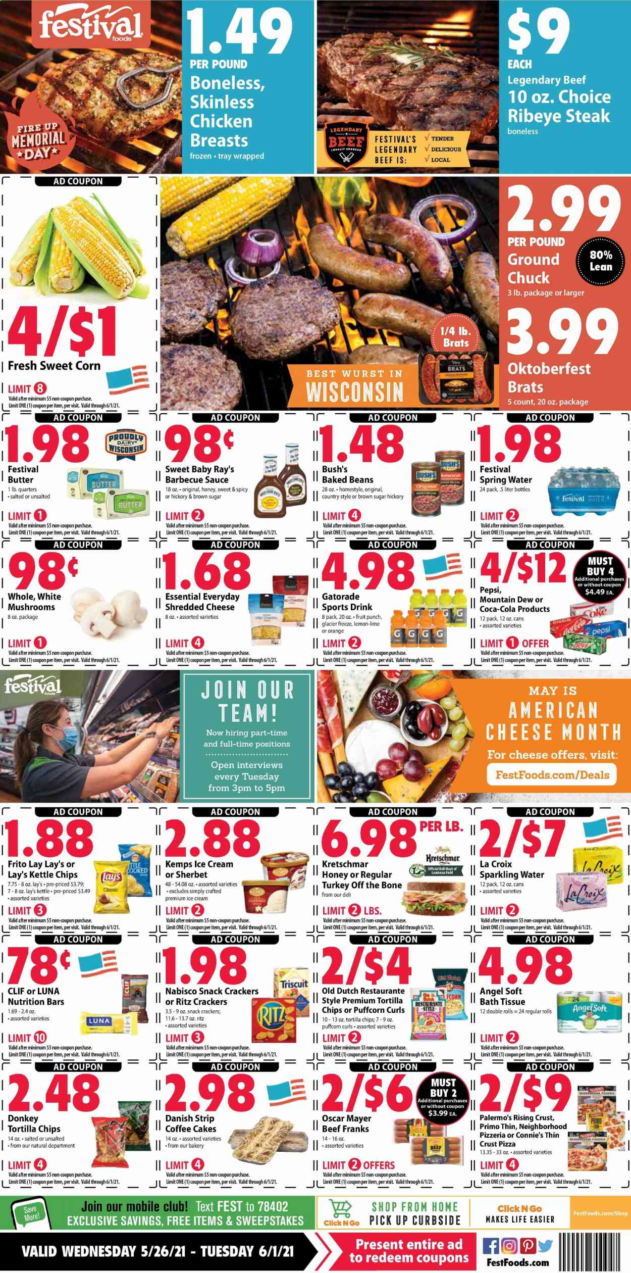 thumbnail - Festival Foods Flyer - 05/26/2021 - 06/01/2021 - Sales products - cake, corn, sweet corn, oranges, pizza, sauce, Oscar Mayer, american cheese, shredded cheese, Kemps, butter, ice cream, sherbet, snack, crackers, RITZ, tortilla chips, Lay’s, baked beans, nutrition bar, BBQ sauce, Coca-Cola, Mountain Dew, Pepsi, Gatorade, fruit punch, spring water, sparkling water, chicken breasts, beef meat, beef steak, steak, ribeye steak, bath tissue. Page 1.