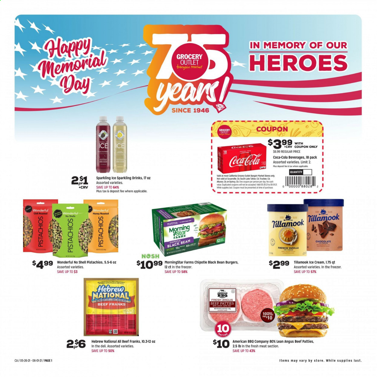thumbnail - Grocery Outlet Flyer - 05/26/2021 - 06/01/2021 - Sales products - hamburger, MorningStar Farms, ice cream, honey, pistachios, Coca-Cola, beef meat. Page 1.