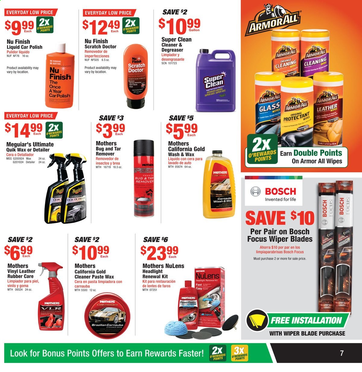 thumbnail - O'Reilly Auto Parts Flyer - 05/26/2021 - 06/29/2021 - Sales products - Bosch, Armor All, wiper blades, polish, cleaner, degreaser. Page 7.