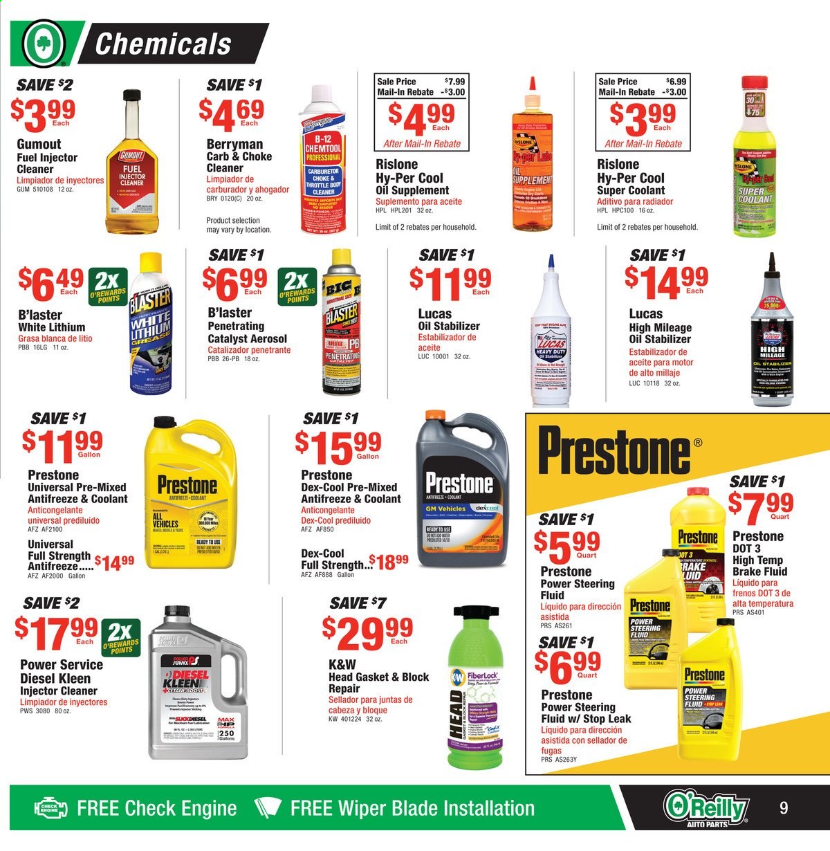 thumbnail - O'Reilly Auto Parts Flyer - 05/26/2021 - 06/29/2021 - Sales products - wiper blades, Lucas, injector cleaner, cleaner, antifreeze, Prestone, brake fluid, steering fluid, Gumout, B'laster. Page 9.