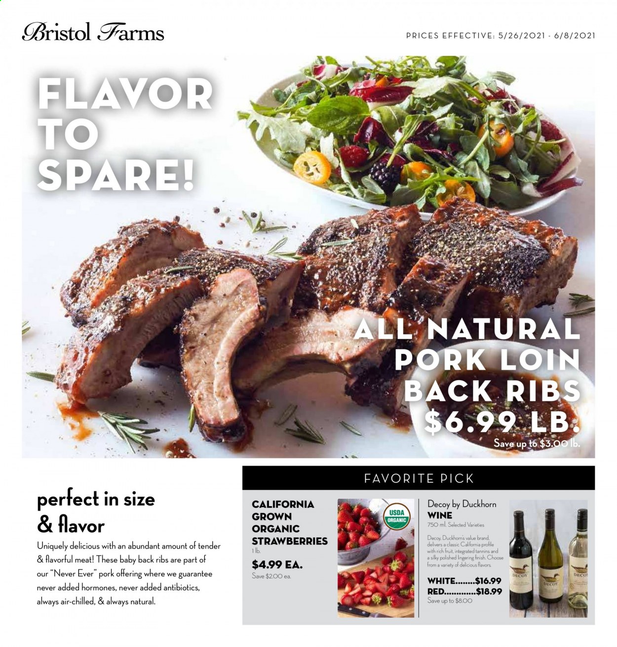 thumbnail - Bristol Farms Flyer - 05/26/2021 - 06/08/2021 - Sales products - strawberries, wine, pork loin, pork meat, pork ribs, pork back ribs. Page 1.