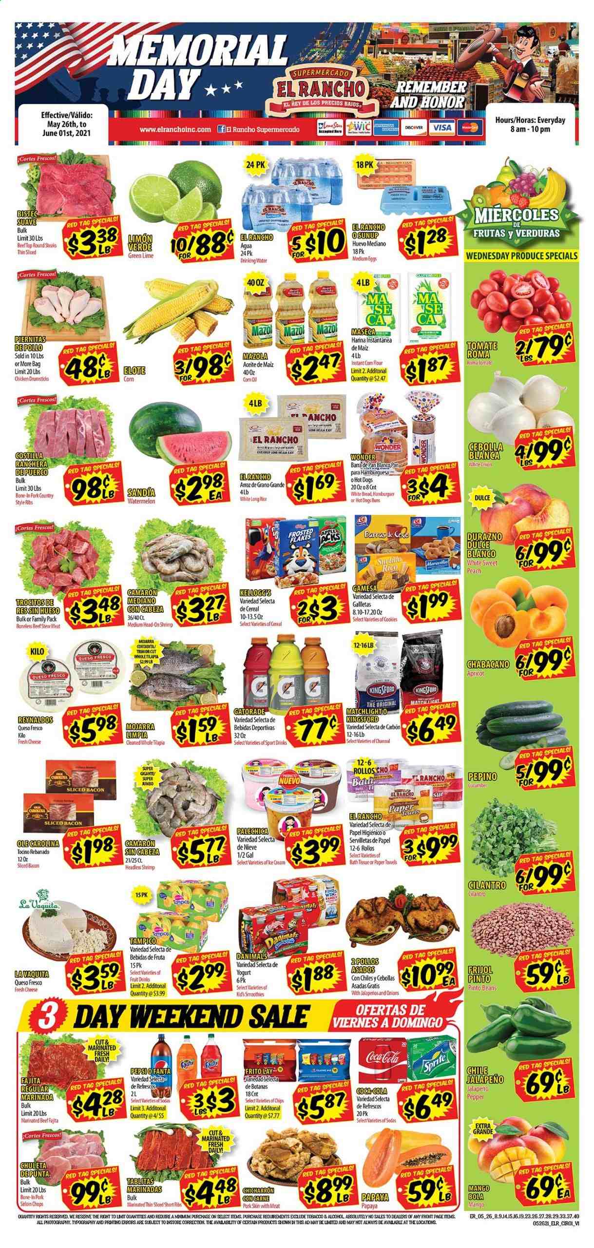 thumbnail - El Rancho Flyer - 05/26/2021 - 06/01/2021 - Sales products - stew meat, white bread, buns, beans, corn, jalapeño, mango, watermelon, papaya, tilapia, shrimps, hot dog, fajita, bacon, queso fresco, cheese, yoghurt, Danimals, eggs, cookies, Kellogg's, chips, flour, corn flour, pinto beans, cereals, Frosted Flakes, rice, cilantro, corn oil, Coca-Cola, Sprite, Fanta, Gatorade, fruit punch, smoothie, alcohol, chicken drumsticks, steak, marinated beef, pork ribs, country style ribs. Page 1.