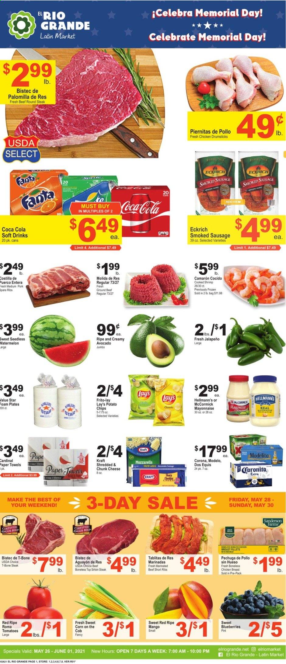 thumbnail - El Rio Grande Flyer - 05/26/2021 - 06/01/2021 - Sales products - Dos Equis, corn, tomatoes, jalapeño, sweet corn, avocado, blueberries, mango, watermelon, shrimps, Kraft®, sausage, smoked sausage, mozzarella, cheese, chunk cheese, mayonnaise, Hellmann’s, potato chips, Lay’s, Frito-Lay, Coca-Cola, soft drink, beer, Corona Extra, Modelo, chicken breasts, chicken drumsticks, beef meat, beef ribs, beef sirloin, ground beef, t-bone steak, steak, round steak, sirloin steak, marinated beef, pork meat, pork ribs, pork spare ribs. Page 1.