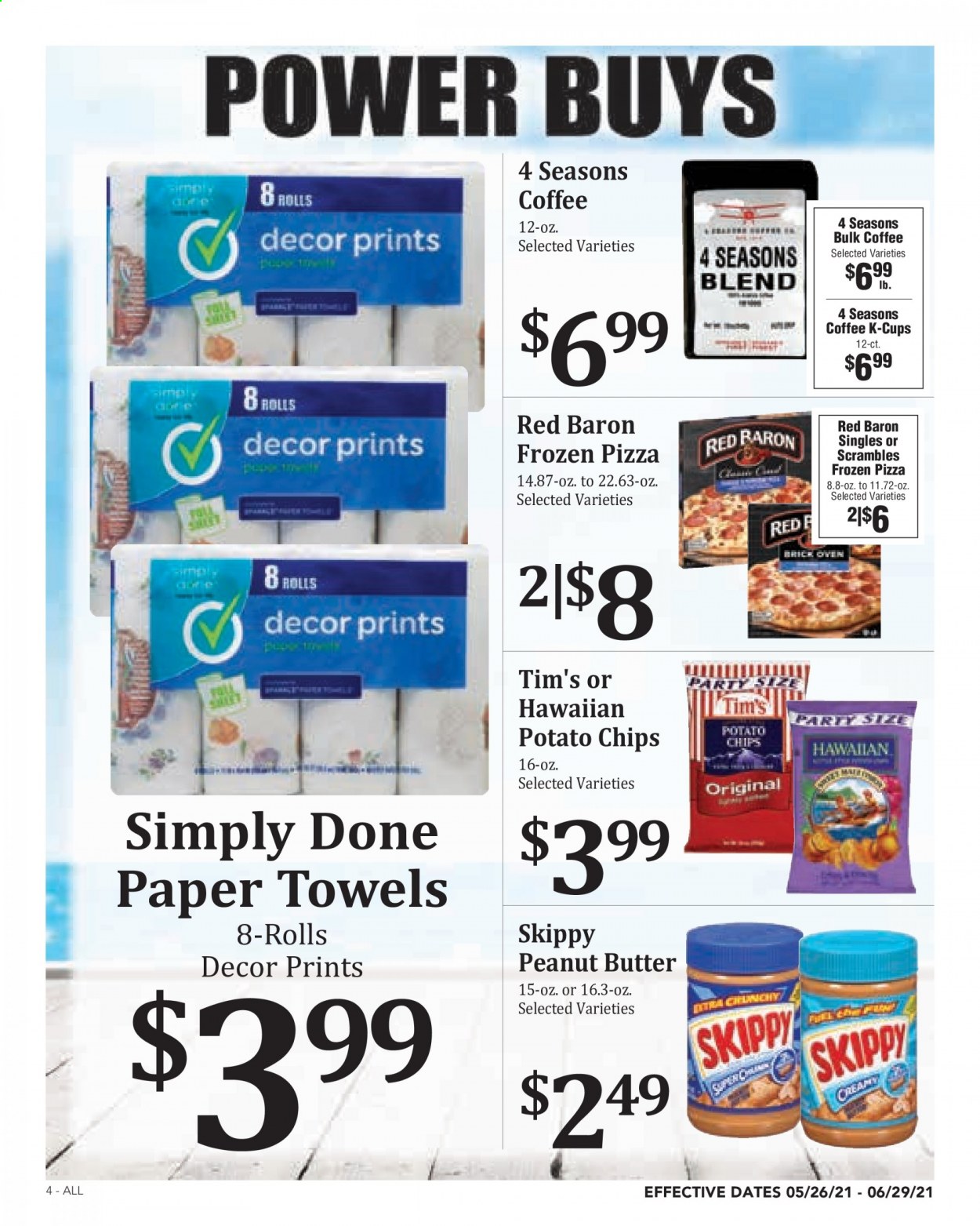 thumbnail - Rosauers Flyer - 05/26/2021 - 06/29/2021 - Sales products - pizza, Red Baron, potato chips, peanut butter, coffee, coffee capsules, K-Cups, kitchen towels, paper towels. Page 4.