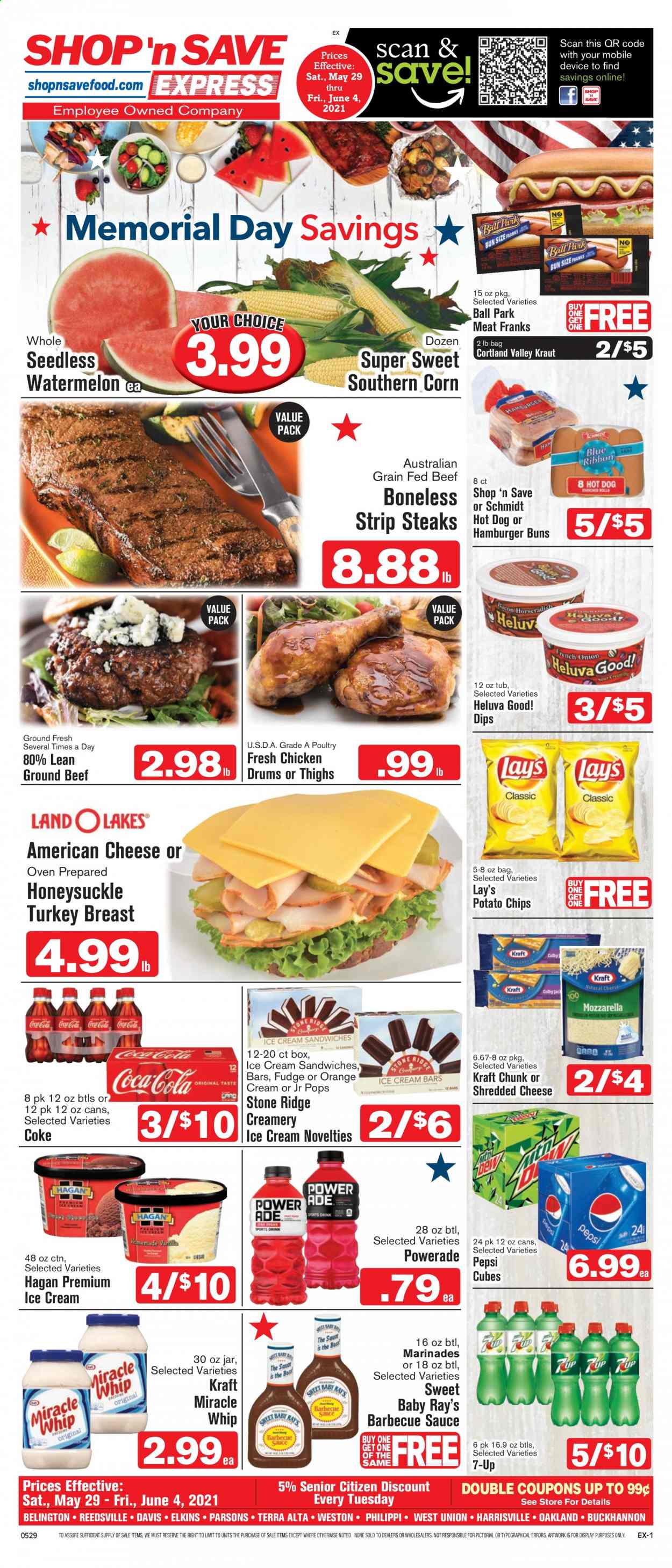 thumbnail - Shop ‘n Save Express Flyer - 05/29/2021 - 06/04/2021 - Sales products - buns, burger buns, corn, watermelon, oranges, turkey breast, beef meat, ground beef, steak, striploin steak, hot dog, sauce, Kraft®, american cheese, shredded cheese, Miracle Whip, ice cream, ice cream sandwich, fudge, potato chips, chips, Lay’s, BBQ sauce, Powerade, Pepsi, 7UP. Page 1.