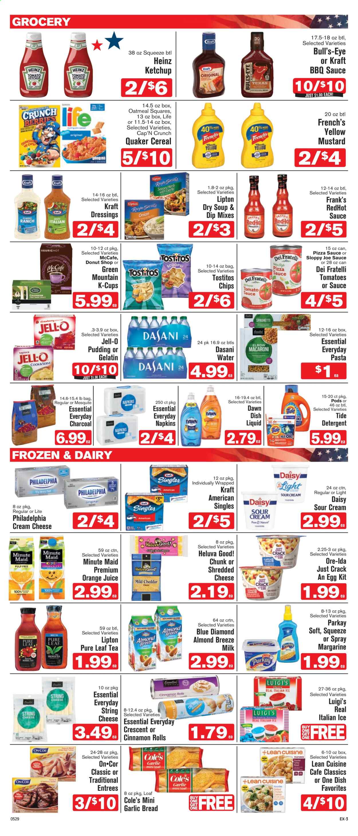 thumbnail - Shop ‘n Save Express Flyer - 05/29/2021 - 06/04/2021 - Sales products - bread, cinnamon roll, tomatoes, pizza, soup, pasta, Quaker, Lean Cuisine, Kraft®, cream cheese, shredded cheese, Philadelphia, Kraft Singles, pudding, milk, Almond Breeze, margarine, sour cream, dip, Ore-Ida, Tostitos, oatmeal, Jell-O, Heinz, cereals, Cap'n Crunch, BBQ sauce, mustard, ketchup, Blue Diamond, orange juice, juice, Lipton, fruit punch, tea, Pure Leaf, coffee capsules, McCafe, K-Cups, Green Mountain, napkins, detergent, Tide, dishwashing liquid. Page 3.